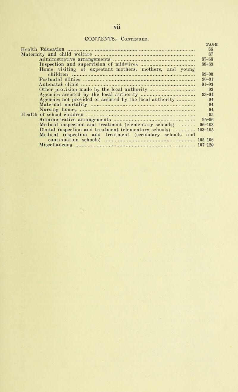 Vll CONTENTS.—Continued. PAGE Health Education 86 Maternity and child welfare 87 Administrative arrangements 87-88 Inspection and supervision of midwives 88-89 Home visiting of expectant mothers, mothers, and young children 89-90 Postnatal clinics 90-91 Antenatal clinic 91-93 Other provision made by the local authority 93 Agencies assisted by the local authority 93-91 Agencies not provided or assisted by the local authority 91 Maternal mortality 91 Nursing homes 91 Health of school children 95 Administrative arrangements 95-96 Medical inspection and treatment (elementary schools) 96-103 Dental inspection and treatment (elementary schools) 103-105 Medical inspection and treatment (secondary schools and continuation schools) 105-106 Miscellaneous 107-120