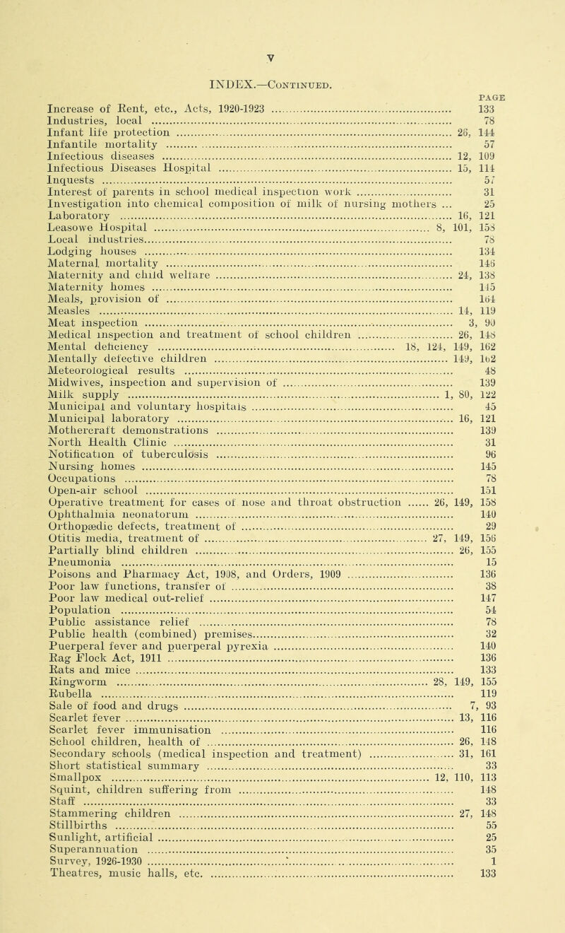 y INDEX.—Continued. PAGE Increase of Eent, etc.. Acts, 1920-1923 133 Industries, local 78 Infant life protection 28, Ill- Infantile mortality 57 Infectious diseases 12, 109 Infectious Diseases Hospital 15, 111 Inquests 57 Interest of parents in school medical inspection work 31 Investigation into chemical composition of milk of nursing mothers ... 25 Laboratory 16, 121 Leasowe Hospital 8, 101, 158 Local industries 78 Lodging houses 131 Maternal mortality 148 Maternity and chifd welfare 21, 138 Maternity homes 115 Meals, provision of 181 Measles 11, 119 Meat inspection 3, 90 Medical inspection and treatment of school children 26, 118 Mental dehciency 18, 121, 119, 162 Mentally defective children 119, lb2 Meteorofogical results 18 Midwives, inspection and supervision of 139 Milk supply 1, 80, 122 Municipal and voluntary hosihtais 15 Municipal laboratory 16, 121 Mothercraft demonstrations 139 North Health Clinic 31 Notification of tuberculosis 96 Nursing homes 115 Occupations 78 Open-air school 151 Operative treatment for cases of nose and throat obstruction 26, 119, 158 Ophthalmia neonatorum 110 Orthopsedic defects, treatment of 29 Otitis media, treatment of 27, 119, 156 Partially blind children 26, 155 Pneumonia 15 Poisons and Pharmacy Act, 1908, and Orders, 1909 136 Poor law functions, transfer of 38 Poor law medical out-relief 117 Population 51 Public assistance relief 78 Public health (combined) premises 32 Puerperal fever and puerperal pyrexia 110 Eag Flock Act, 1911 136 Eats and mice 133 Eingworm 28, 119, 155 Eubella 119 Sale of food and drugs 7, 93 Scarlet fever 13, 116 Scarlet fever immunisation 116 School children, health of 26, 118 Secondary schools (medical inspection and treatment) 31, 161 Short statistical summary 33 Smallpox 12, 110, 113 Squint, children suffering from 148 Staff 33 Stammering children 27, 148 Stillbirths 55 Sunlight, artificial 25 Superannuation 35 Survey, 1926-1930 1 Theatres, music halls, etc 133