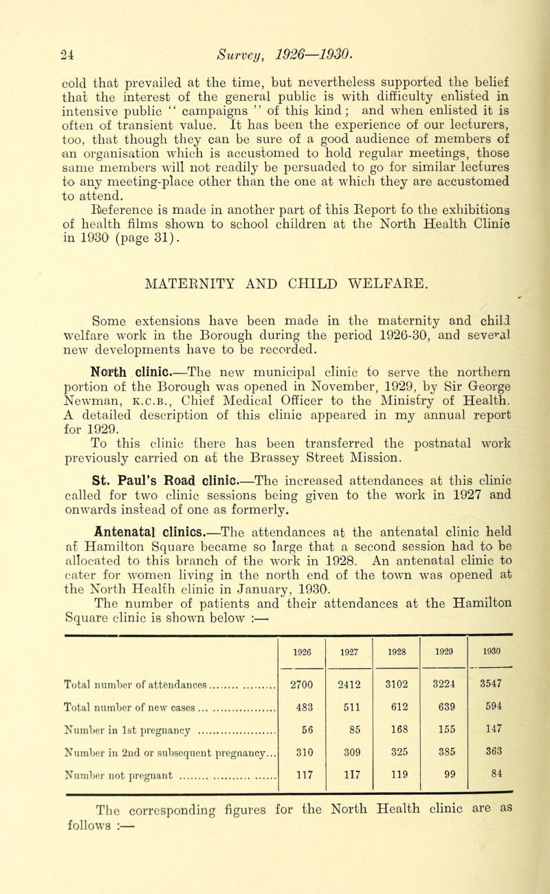 cold that prevailed at the time, but nevertheless supported the belief that the interest of the general public is with difficulty enlisted in intensive public “ campaigns ” of this kind; and when enlisted it is often of transient value. It has been the experience of our lecturers, too, that though they can be sure of a good audience of members of an organisation which is accustomed to hold regular meetings, those same members will not readily be persuaded to go for similar lectures tO' any meeting-place other than the one at which they are accustomed to attend. Beference is made in another part of this Eeport to the exhibitions of health films shown to school children at the North Health Clinic in 1930' (page 31). MATEENITY AND CHILD WELEAEE. Some extensions have been made in the maternity and child welfare work in the Borough during the period 1926-30, and several new developments have to be recorded. Noirth clinic.—The new municipal clinic to serve the northern portion of the Borough was opened in November, 1929, by Sir George Newman, k.c.b.. Chief Medical Officer to the Ministry of Health. A detailed description of this clinic appeared in my annual report for 1929. To this clinic there has been transferred the postnatal work previously carried on at the Brassey Street Mission. St. PauFs Road clinic.—^The increased attendances at this clinic called for two clinic sessions being given to the work in 1927 and onwards instead of one as formerly. Antenatal clinics.—The attendances at the antenatal clinic held at Hamilton Square became so large that a second session had to be allocated to this branch of the work in 1928. An antenatal clinic to cater for women living in the north end of the town was opened at the North Health clinic in January, 1930'. The number of patients and their attendances at the Hamilton Square clinic is shown below :—> 1926 1927 1928 1929 1930 Total number of attendances 2700 2412 3102 3224 3547 Total number of new cases 483 511 612 639 594 Number in 1st pregnancy 56 85 168 155 147 Number in 2nd or subsequent pregnancy... 310 309 325 385 363 Numljcr not pregnant 117 117 119 99 84 The corresponding figures for the North Health clinic are as follows :—