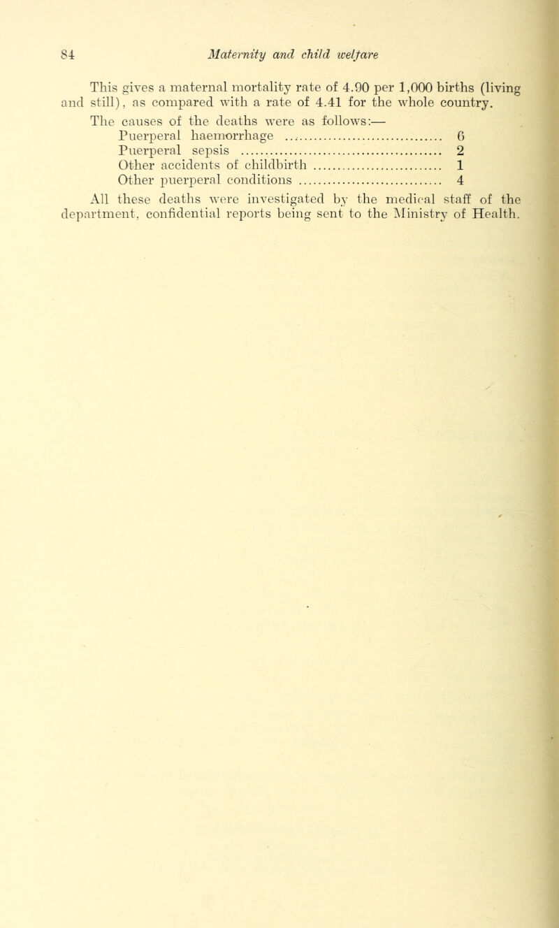 This gives a maternal mortality rate of 4.90 per 1,000 births (living and still), as compared with a rate of 4.41 for the whole country. The causes of the deaths were as follows:— Puerperal haemorrhage G Puerperal sepsis 2 Other accidents of childbirth 1 Other puerperal conditions 4 All these deaths were investigated by the medical staff of the department, confidential reports being sent to the ^Ministry of Health.
