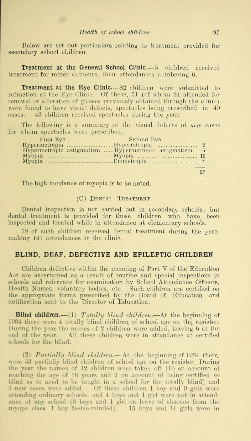 Below are set out particulars relating to treatment provided for secondary school children. Treatment at the General School Clinic.—6 children received treatment for minor ailments, their attendances numbering 6. Treatment at the Eye Clinic—82 children were submitted to refraction at the Eye Elinic*. Of these, ol (of whom 24 attended for renewal or alteration of glasses j^reviously obtained through the clinic') were found to have visual defects, s]K'ctacles being prescribed in 40 cases. 43 children received spectacles during the year. The following is a sumniaiy of the visual defects of nc'io cases whom spectacles were prescr ibed: First Eye Second Eye Hyperinetropia . .Hypermtropia . 2 Hvperiuetropic astigmatism ... ...Hypermetropic astigmatism.. . 5 Mvopia ...Myopia . 16 Myopia ...Emmetropia . 4 27 The high incidence of myopia is to be noted. (C) Dental Treatment Dental inspection is not carried out in secondary schools; but dental treatment is provided for those children who have been inspected and treated while in attendance at elementary schools. 78 of such children received dental treatment during the year, making 141 attendances at the clinic. BLIND, DEAF, DEFECTIVE AND EPILEPTIC CHILDREN Children defective within the meaning of Part V of the Education Act are ascertained as a result of routine and special inspections in schools and reference for examination by School Attendance Officers, Health Nurses, voluntary bodies, etc. Such cliildren are certified on the appropriate forms prescribed by the Board of Education and notification sent to the Director of Education. Blind children.— (1) 7\)tally hlind children.—At the beginning of 1084 there were 4 totally blind children, of school age on the- register. During the year the names of 2 children were added, leaving 6 at the t-nd of the year. All these children were in attendance at certified Schools for the blind. (2) Partial!!! hliud rhildreji.— At the beginning of 1084 there were 08 partially l)lind children of school age on the register. During the year the names of 12 children were taken off (10 on account of reaching the age of 10 years and 2 on account of being certified so blind as to need to be taught in a school for the totally blind) and 8 new cases were added. Df these children 1 boy and 0 girls were .attending ordinary schools, and 4 boys and 1 girl were not in attend- ance at any school (8 boys and 1 girl on leave of absence from the myope class 1 ly>y feeble-minded). 15 boys and 14 girls were in