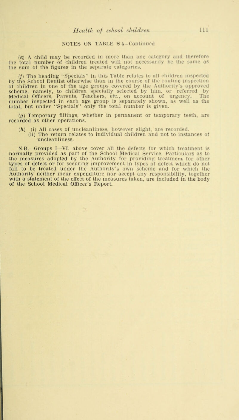 NOTES ON TABLE S 4-Continued (c,) A child may be recorded in more than one category and therefore the total number of children treated will not necessarily he the same as the sum of the figures in the separate categories. (0 The heading ‘‘Specials” in tliis Table relates to all children inspected by the School Dentist otherwise than in the course of the routine inspection of children in one of the age groups covered by the Authority’s approved scheme, namely, to children specially selected by him, or referred by Medical Officers, Parents, Teachers, ete., on account of urgency. The number inspected in each age group is separately shown, as well as the total, but under “Specials” only the total number is given. {g) Temporary fillings, whether in permanent or temporary teeth, are recorded as other operations. {h) (i) All cases of uncleanliness, however slight, are recorded. (ii) The return relates to individual children and not to instances of uncleanliness. N.B.-—Groups I—VI. above cover all the defects for which treatment is normally provided as part of the School Medical Service. Particulars as to the measures adopted by the .\uthority for providing treatment for other types of defect or for securing improvement in types of defect which do not fall to be treated under the Authority’s own scheme and for which the Authority neither incur expenditure nor accept any responsibility, together with a statement of the effect of the measures taken, are included in the body of the School Medical Officer’s Report.