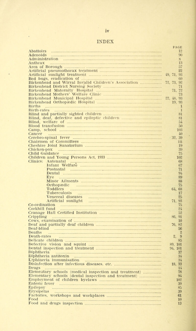 INDEX Abattoirs Adenoids Administration Anthrax Area of Borough Artificial pneumothorax treatment Artificial sunlight treatment Bed hugs, eradication of Birkenhead and Wirral Invalid Childien’s Association . Birkenhead District Nursing Society Birkenhead Maternity Hospital Birkenhead Mothers’ Welfare Clinic Birkenhead Municipal Hosi)ital Bii-kenhead Orthopaedic Hospital Births Biith-rates Blind and partially sighted children Blind, deaf, defective and epilei)tic children Blind, welfare of Blood transfusion Camp, school Cancer Cerebro-spinal fever Chairmen of Committees Cheshire Joint Sanatorium Chicken-pox Child Guidance Children and Young Persons Act, 1933 Clinics: Antenatal Infant Welfare Postnatal Dental Eye Minor Ailments Orthopaedic Toddlers Tuberculosis Venereal diseases Artificial sunlight ' Co-ordination Cmkhill fund Cranage Hall Certified Institution Ci'ippling Cows, examination of Deaf and partially deaf children Deaf-blind Deaths Death-rates Delicate children Defective vision and squint Dental inspection and treatment Diphtheria Diphtheria antitoxin Diphtheria immunisation Disinfection after infectious diseases, etc Drugs Elementary schools (medical inspection and treatment) Elementary schools (dental inspection and treatment) Employment of children byelaws Enteric fever Epilepsy Erysipelas Factories, workshops and workplaces Food Food and drugs inspection I'AGE 12 90 X 13 22 49, 71, 93 Ch 72. 73, 9-2 71 71 72 ’ 73 22, 4S. 93 19, 93 1 1 81 81 .74 ,7(1 1U3 4n .32, 39 iii 19 39 7.7 102 (4^ 07 i i 9i 89 88 04, 08 1. 93 72 80, 91 10 70, 82 56 2 2, 9 85 89, 101 94, 101 37 34 34 18, 33 14 78 94 102 39 87 39 61 10 13
