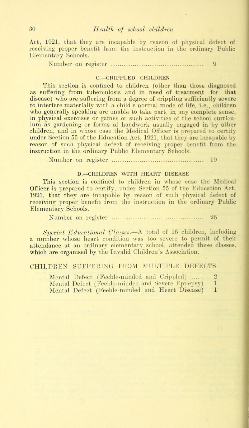 Act, 1921, that they are incapable by reason of physical defect of receiving proper benefit from the instruction in the ordinary Public Elementary Schools. Number on register 9 C.—CRIPPLED CHILDREN This section is confined to children (other than those diagnosed as suffering from tuberculosis and in need of treatment for that disease) who are suffering from a degrge of crippling sufficiently severe to interfere materially with a child’s normal mode of life, i.e., children who generally speaking are unable to take part, ir; any complete sense, in physical exercises or games or such activities of the school curricu- lum as gardening or forms of handwork usually engaged in by other children, and in whose case the Medical Officer is jjrepared to certify under Section 55 of the Education Act, 1921, that they are incapable by reason of such physical defect of receiving proper benefit from the instruction in the ordinary Public Elementary Schools. Number on register 19 D.—CHILDREN WITH HEART DISEASE This section is confined to children in whose case the iMedical Officer is prepared to certify, under Section 55 of the Education Act, 1921, that they are incapable by reason of such ])hysical defect of receiving proper benefit from the instruction in the ordinary Public Elementary Schools. Number on register 26 Special Educational Class(\s.—A total of 16 children, including a number whose heart condition was too severe to permit of their attendance at an ordinary elementary school, attended these classes, which are organised by the Invalid Children’s Association. CHILDE.EN SUFFERING FRO^I ^lULTIPLE DEFECTS Mental Defect (Feeble-minded and Crippled) 2 IMental Defect (Feeble-minded and Severe f^pilepsy) 1 Mental Defect (Feeble-minded and Heart Disease) 1