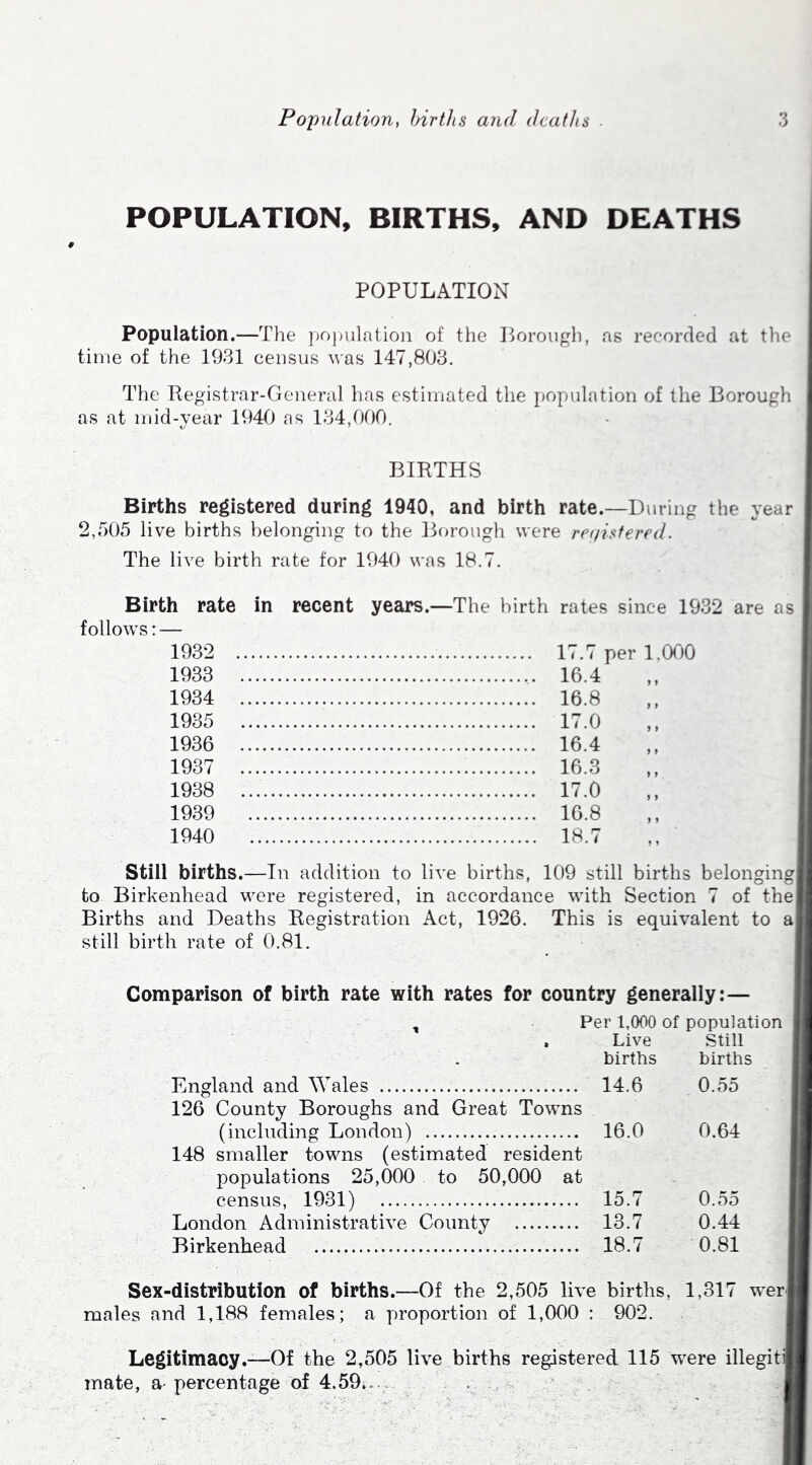 POPULATION, BIRTHS, AND DEATHS POPULATION Population.—The population of the Loroiigh, as recorded at the time of the 1981 census was 147,803. The Registrar-General has estimated the population of the Borough as at mid-year 1940 as 184,000. BIRTHS Births registered during 1940, and birth rate.—During the year 2,505 live births belonging to the ]P)rough were re(iist€red. The live birth rate for 1940 was 18.7. Birth rate in recent years.—The birth rates since 1932 are as follows: — 1982 17.7 per 1.000 1983 16.4 1934 16.8 1985 17.0 1936 16.4 1987 16.3 1938 17.0 1939 16.8 1940 18.7 Still births.—In addition to live births, 109 still births belonging! to Birkenhead were registered, in accordance with Section 7 of the! Births and Deaths Registration Act, 1926. This is equivalent to a] still birth rate of 0.81. Comparison of birth rate with rates for country generally:— Per 1,000 of population England and Wales 126 County Boroughs and Great Towns 148 smaller towns (estimated resident populations 25,000 to 50,000 at London Administrative County Live Still births births 14.6 0.55 16.0 0.64 15.7 0.55 13.7 0.44 18.7 0.81 births, 1,317 w^eri males and 1,188 females; a proportion of 1,000 : 902. Legitimacy.—^Of the 2,505 live births registered 115 were illegitij mate, a percentage of 4.59i... . . ...
