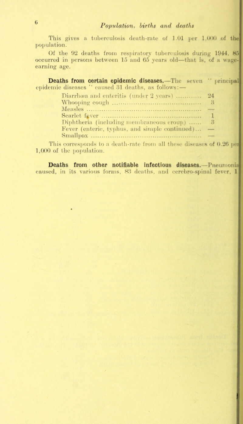 Population, births and deaths This gives a tu])erciilosis (leath-rate of 1.01 per 1,00<) of the population. Of the 0*2 deaths from respiratory tuberculosis during 1944, Ho occurred in persons between 15 and 05 years old—that is, of a wage- earning age. Deaths from certain epidemic diseases.—The seven “ princij^al epidemic diseases ” caused 81 deaths, as follows: — Oiarrlupa and enteritis (undci’ '1 years) 24 Wliooping cough 8 Measles — Scarlet f^'ver 1 l)i])htheria (Including membran(‘f)us crouji 8 Fever (enteric-, typhus, and simple continued)... — Small})OX — This con-esponds to a death-rate from all these diseases of O.20 jici 1,000 of the ])o])ulation. Deaths from other notifiable infectious diseases.—Thieumonia caused, in its various forms, H8 deaths, and cerehro-s}}inal fever, 1