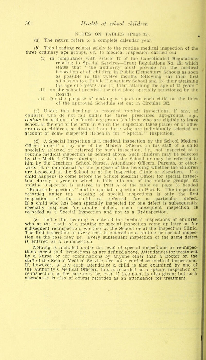 xo'i'RS OX 'I'Ain.j'S :r> . (a) The return refers to a complete calendar year. {b) This heading relates solely to the routine medical inspection of the three ordinary age groups, i.e., to medical inspection carried out (i) in compliance with Article 17 of the Consolidated Regulations relating to Special Seivices—Orant Regulations Xo. 19; which states that “ ihe authority must provide for the medical insjiection of all ehihlren in imblic 1-lleinentary Schools as soon as possible in ihe twelve months following a) their first ariniission to a ihiblir Klcmentary School and d» iheir attaining the age of 8 years and c, their attaining ihe age of 1:1 years.” (ii) on the school pi'cniises for at a place specially sain tioned by the hoard); dii) for the purpose of making a report on each child on the lines of the ai)proved Schedule set out in Circular 082. (c) Under this heeding is reciud-d routine ins|iecii<;ns. if any, oi children who do not fall under the tliiee prescribed agf-gioiips, e.y.. routine inspections of a foindh ag(*-gronp 'children who are eligible to leave school at the end of the term in which the inspection takes pla( e) or of other groups of children, as distinct from iliose who are individually selected on account of some suspected ill-health for “ Spei ial ” Inspec tion. (d) A Special Inspection is a medical inspection by the School Medical Officer himself or by one of the Medical Officers on his staff of a cliild specially selected or refen-ed for such inspection, i.e., not inspected at a routine medical inspection as defined above. Such children may be selected by the Medical Officer during a visit to the School or may be referred tu him by the Teachers, School Xiirses, .Attendance Officers, Parents, or other- wise. It is immaterial for the purpose of this heading whether the children are inspected at the School or at the Inspection Clinic or elsewhere. If a child happens to come before the School Medical Officer for special inspec- tion during a year in which it falls into one of the routine groups, its roiitine insi)ection is entered in Pari A (d llu* labh* mi page :T) headed ” Routine Inspections ” and its special inspeidion in Part B. The inspection recorded under the heading of special inspections is only the first inspection of the child so referred for a particular defect. If a child who has been specially inspected for one defect is subsequently specially inspected for another defect, such subsequent inspection is recorded as a Special Inspection and not as a Re-inspection. ((•) Under this heading is entered the medical inspections of children who as the result of a routine or special inspection come up later on for subsequent re-inspection, whether at the School or at the Inspection Clinic. The first inspection in every case is entered as a routine or special inspec- tion as the case may be. Every subsequent inspection of the same defect is entered as a re-inspection. Nothing is included under the head of special inspections or re-inspec- tions except such inspections as are defined above. Attendances for treatment by a Nurse, or for examinations by anyone other than a Doctor on the staff of the School Medical Service, are not recorded as medical inspections. If, however, at any such attendance a child is also examined by one of the Authority’s Medical Officers, this is recorded as a special inspection or re-inspection as the case miay be, even if treatment is also given; but such attendance is also of course recorded as an attendance for treatment.