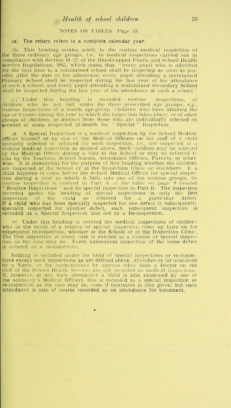 NOTES ON TABLES (Page 33) (a) The return refers to a complete calendar year. (b) This heading relates solely to the routine medical inspection of the three ordinary age groups, i.e., to medical inspections carried out in compliance with Section 49 (2) of the Handicapped Pupils and School Health Service Regulations, 1945, winch states that “ every pupil who is admitted for the first time to a maintained school shall be inspected as soon as pos- sible after the date of his admission; every pupil attending a maintained Primary School shall be inspected during the last year of his attendance at such a school; and every pupil attending a maintained Secondary School shall be inspected during the last year of liis attendance at such a school.” (c) v Under this heading is recorded roiMine inspections, of children who do not fall under the three prescribed age groups, e.g., rou,tine inspections of a fourth age-group (children who have attained the age of 8 years during the year in which the inspection takes place) or of other groups of children, as distinct from those who are individually selected on account of some suspected ill-health for “ Special ” Inspection. (d) A Special Inspection is a medical inspection by the School Medical Officer himself or by one of the Medical Officers on his staff of a child specially selected or referred for such inspection, i.e., not inspected at a routine medical inspection as defined above. Such children may be selected by the Medical Officer during a visit to the School or may be referred to him by the Teachers, School Nurses, Attendance Officers, Parents, or other- wise. It is immaterial for the purpose of this heading whether the children are inspected at the School or at the Inspection Clinic or elsewhere. If a child happens to come before the School Medical Officer for special inspec- tion during a year in which it fails into one of the routine groups, its routine inspection is entered in Part A of the table on' page 9 headed “ Routine Inspections ” and its special inspection in Part B. The inspection recorded under the heading of special inspections is only the first inspection of the child so referred for a particular defect. If a child who has been specially inspected for one defect is subsequently specially inspected for another defect, such subsequent inspection is recorded as a Special Inspection and not as a Re-inspection. ■ e) Under this heading is entered the medical inspections of children who as the result of a routine or special inspection come up later on for subsequent re-inspection, whether at the School or at the Inspection Clinic. The first inspection in every case is entered as a routine or special inspec- tion as the case may be. Every subsequent inspection of the same defect is entered as a re-inspection. Nothing is included under the head of special inspections or re-inspec- tionS except such inspections as are defined above. Attendances for treatment by a Nurse, or for examinations by anyone other than a Doctor on the staff of the School Health Service, are not recorded as medical inspections. If. however, at any such attendance a child is also examined by one of the AUtnomy s Medical Officers, this is recorded as a special inspection or re-inspection as the case may be, even if treatment is also given; but such attendance is also of course recorded as an attendance for treatment.