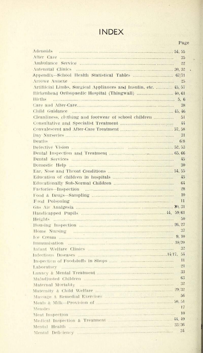 INDEX Adenoids Alder Care Aiiibulaiice Sei'viee Antenatal Clinics Ai'pendix—School Health Statistical Tables Arrowe Annexe Artihicial Limbs, Surgical Appliances arid Insulin, etc. lUrkenhead Orthopaedic Hospital (Thingwall) iliitlis Care and After-Care Child (lUidance Cleanliness, clothing and footweai' of school children . Consultative and Specialist Treatment Convalescent and After-Care Treatment Day Nurseries Deaths Defecti\e Vision Dental Insi)e( tion and Treatment Dental Services Domestic Help Lar, Nose and Throat Conditions l^ducation of children in hospitals Lducationally Sub-Normal Children Lactories—Inspection I'ood V Drugs—Sampling Food Poispning (las Air .Analgesia Handicapped Pupils Heirilds ] lousing Inspection Home Nursing h e Cieain I mmn nisation ' I Ida Id Welfare Clinics Infcfdion- Diseasi's li)'-pe( I jiai of F()odstnffs in Shops La bora lory I.nnacy A' Mental TrealiiKMit \lalad iii-led Children Malernal Moilalily Mah'inilN A- (iiiild Wddfare Ma agf A I Iciiicdia 1 Iv\e]-c1ses Mi-a I i\ Mill'. Pro\ i ion of Ah-a |c  leal III portion *h li'.'il In [irrtinn k '|■realnl(Md \hml- ! Ili'altb Mental Dcb'imry Page 54, 55 35 22 30, 32 G7/71 25 45, 57 40, 61 5, 6 38 45, 46 51 44 57, 58 31 6/8 52, 53 65, 66 45 30 54, 55 45 64 28 10 11 30, 31 44, 59/61 50 26, 27 37 9, 10 18/20 14/17, 54 H 21 33 63 29/3,2 56 50, 51 17 10 44, 49 33/36 34