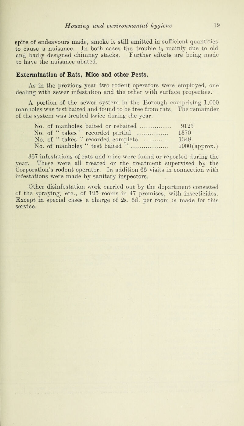 spite of endeavours made, smoke is still emitted in sufficient quantities to cause a nuisance. In both cases the trouble is mainly due to old and badly designed chimney stacks. Further efforts are being made to have the nuisance abated. Extemilnation of Rats, Mice and other Pests. As in the previous year two rodent operators were employed, one dealing with sewer infestation and the other wuth surface properties. A portion of the sewer system in the Borough comprising 1,000 manholes was test baited and found to be free from rats. The remainder of the system was treated twice during the year. No. of manholes baited or rebaited 9123 No. of “ takes ” recorded partial 1370 No. of “ takes ” recorded complete 1348 No. of manholes “ test baited ” 1000(approx.) 367 infestations of rats and mice were found or reported during the year. These were all treated or the treatment supervised by the Corporation’s rodent operator. In addition 66 visits in connection with infestations were made by -sanitary inspectors. Other disinfestation work carried out by the department consisted of the spraying, etc., of 125 rooms in 47 premises, with insecticides. Except in special cases a charge of 2s. 6d. per room is made for this service.