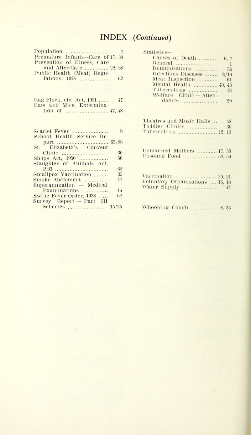 INDEX (Continued) Population 1 Premature Infants—Care of 17, 30 Prevention of Illness, Care and After-Care 22, 38 Public Health (Meat) Regu- lations, 1924 ()2 Rag Flock, etc. Act, 1951 47 Rats and Mice, Extermina- tion of 47, 48 Statistics— Causes of Death 6, 7 General i Immunisations 36 Infectious Diseases 8/10 Meat Inspection 61 Mental Health 40, 43 tuberculosis 13 Welfare Clinic — Atten- dances 29 Scarlet Fever 8 School Health Service Re- port 05/88 St. Elizabeth’s Convent Clinic 30 Shops Act, 1950 56 Slaughter of Animals Act, 1933 62 Smallpox Vaccination 35 Smoke Abatement 47 Superannuation — Medical Examinations 14 SWi le Fever Order, 1938 ...... 62 Survey Report — Part ill Schemes 15/25 Theatres and Music Halls ... 48 'I'oddlei- Clinics 30 Tuberculosis 12, 13 Ihnnallied Mothers 17, 30 ('nsound Food , .58, 59 Vaccination 20, 21 Voluntary Organisations .... 10,18 Water Supply 44 Whooping Cough 8, 35