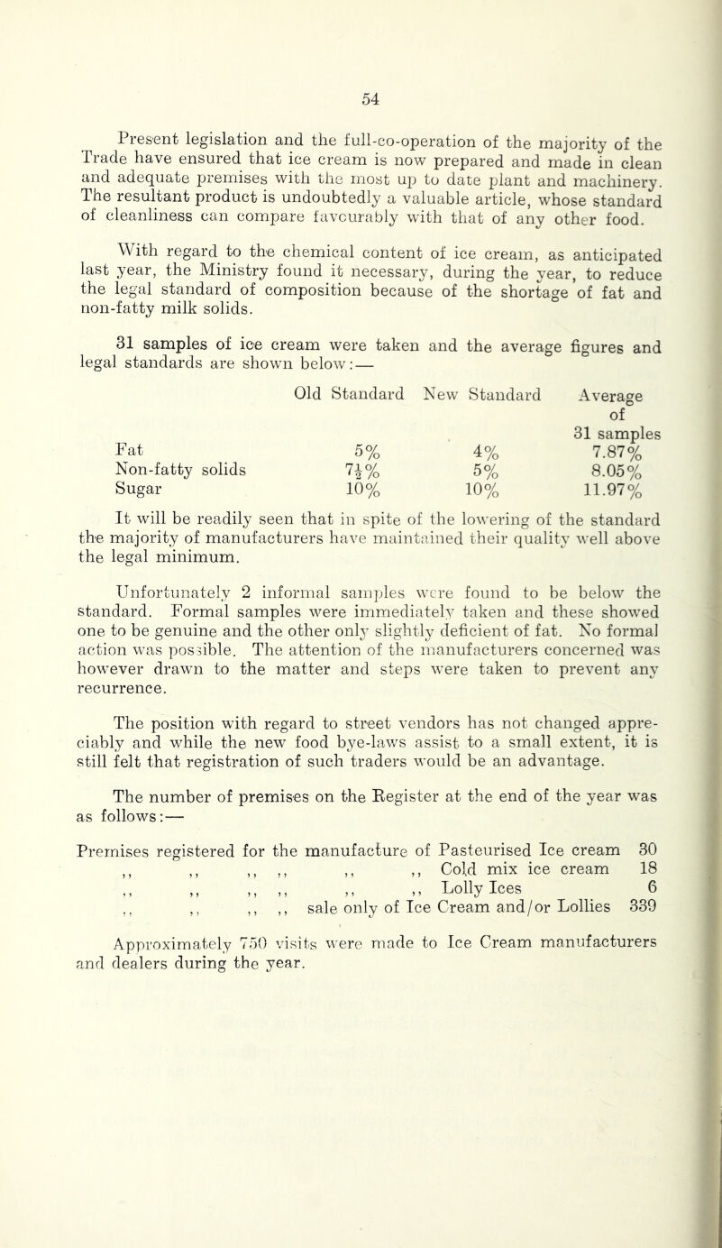Present legislation and the full-co-operation of the majority of the Trade have ensured that ice cream is now prepared and made in clean and adequate premises with the most up to date plant and machinery. The resultant product is undoubtedly a valuable article, whose standard of cleanliness can compare favourably with that of any other food. With regard to the chemical content of ice cream, as anticipated last year, the Ministry found it necessary, during the year, to reduce the legal standard of composition because of the shortage’of fat and non-fatty milk solids. 31 samples of ice cream were taken and the average figures and legal standards are shown below: — Fat Old Standard New Standard Average of 31 samples 5% 4% 7.87% Non-fatty solids 7i% 5% 8.05% Sugar 10% 10% 11.97% It will be readily seen that in spite of the lowering of the standard the majority of manufacturers have maintained their quality well above the legal minimum. Unfortunately 2 informal samples were found to be below the standard. Formal samples were immediately taken and these show’ed one to be genuine and the other onl^’ slightly deficient of fat. Xo formal action w^as possible. The attention of the manufacturers concerned was how^ever drawm to the matter and steps were taken to prevent any recurrence. The position with regard to street vendors has not changed appre- ciably and while the new food bye-laws assist to a small extent, it is still felt that registration of such traders would be an advantage. The number of premises on the Register at the end of the year was as follows: — Premises registered for the manufacture of Pasteurised Ice cream 30 ,, ,, ,, )) »» Cold mix ice cream 18 ,, ,, ,, ,, Lolly Ices _ 6 ,, ,, ,, ,, sale only of Ice Cream and/or Lollies 339 Approximately 750 visits were made to Ice Cream manufacturers and dealers during the year.