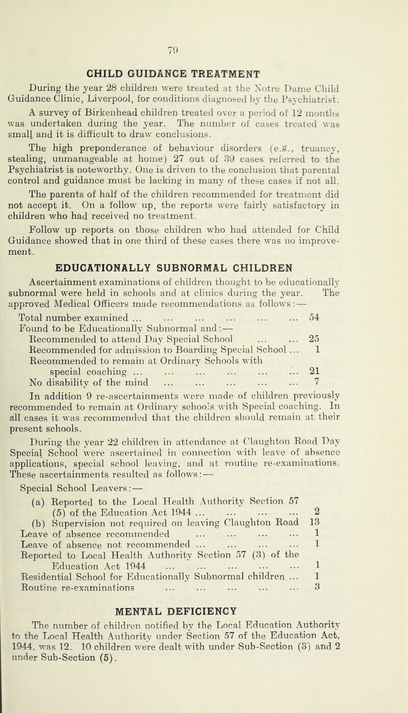 70 CHILD GUIDANCE TREATMENT During the year 28 children were treated at the Xotre Dame Child Guidance Clinic, Liverpool, for conditions diagnosed by the Psychiatrist. A survey of Birkenhead children treated over a period of 12 months w’as undertaken during the year. The number of cases treated was small and it is difficult to draw conclusions. The high preponderance of behaviour disorders (e.g., truancy, stealing, unmanageable at home) 27 out of 39 cases referred to the Psychiatrist is noteworthy. One is driven to the conclusion that parental control and guidance must be lacking in many of these cases if not all. The parents of half of the children recommended for treatment did not accept it. On a follow up, the reports were fairly satisfactory in children who had received no treatment. Follow up reports on those children who had attended for Child Guidance showed that in one third of these cases there w^as no improve- ment. EDUCATIONALLY SUBNORMAL CHILDREN Ascertainment examinations of children thought to be educationally subnormal were held in schools and at clinics during the year. The approved Medical Officers made recommendations as follows: — Total number examined ... ... ... ... ... ... 54 Found to be Educationally Subnormal and: — Recommended to attend Day Special School ... ... 25 Recommended for admission to Boarding Special School ... 1 Recommended to remain at Ordinary Schools with special coaching ... ... ... ... ... ... 21 No disability of the mind ... ... ... ... ... 7 In addition 9 re-ascertainments were made of children previously recommended to remain at Ordinary schools with Special coaching. In all cases it was recommended that the children should remain at their present schools. During the year 22 children in attendance at Claughton Road Day Special School were ascertained in connection with leave of absence applications, special school leaving, and at routine re-examinations. These ascertainments resulted as follows: — Special School Leavers; — (a) Reported to the Local Health Authority Section 57 (5) of the Education Act 1944 ... ... ... ... 2 (b) Supervision not required on leaving Claughton Road 13 Leave of absence recommended ... ... ••• ••• 1 Leave of absence not recommended ... ... ... ... 1 Reported to Local Health Authority Section 57 (3) of the Education Act 1944 ... ... ... ... ... 1 Residential School for Educationally Subnormal children ... 1 Routine re-examinations ... ... ... ... ... 3 MENTAL DEFICIENCY The number of children notified hj the Local Education Authority to the Local Health Authority under Section 57 of the Education Act, 1944, was 12. 10 children were dealt with under Sub-Section (3) and 2 under Sub-Section (5),