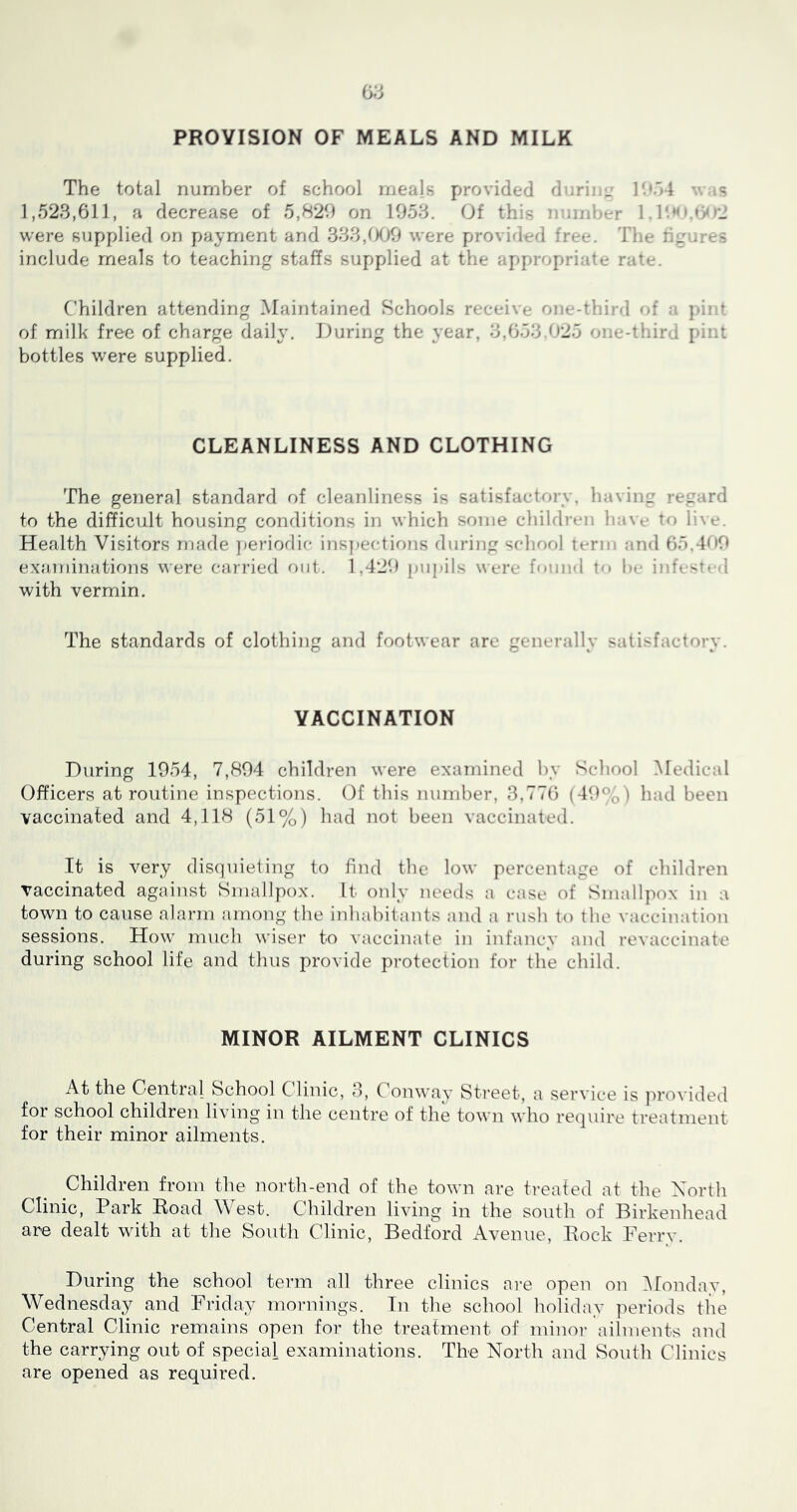 PROVISION OF MEALS AND MILK The total number of school meals provided duriii'j lbb4 v.as 1,523,611, a decrease of 5,82b on 1953. Of this immbt-r 1. T.rj were supplied on payment and 333,^Xj9 were provided free. The ri;_'ures include meals to teaching staffs supplied at the appropriate rate. Children attending Maintained Schools receive one-third of a pint of milk free of charge daily. During the year, 3,653 '>25 one-third pint bottles were supplied. CLEANLINESS AND CLOTHING The general standard of cleanliness is satisfactory, having regard to the difficult housing conditions in which some children ha\e to li\e. Health Visitors made periodic ins]>ections during ‘;chool term and 65.4H0 examinations were carried out. 1,429 pupils were found to be infe'^tt-d with vermin. The standards of clothing and footwear are generally satisfactory. VACCINATION During 1954, 7,894 children were examined by School Medical Officers at routine inspections. Of this number, 3,776 (49%) had been vaccinated and 4,118 (51%) had not been vaccinated. It is very disquieting to find the low percentage of children vaccinated against Smallpox. It only needs a case of Smallpox in a town to cause alarm among the inhabitants and a rush to the vaccination sessions. How much wiser to vaccinate in infancy and revaccinate during school life and thus provide protection for the child. MINOR AILMENT CLINICS At the Central School Clinic, 3, Conway Street, a service is ju’ovided for school children living in the centre of the town who require treatment for their minor ailments. Children from the north-end of the town are treated at the North Clinic, Park Road West. Children living in the south of Birkenhead are dealt with at the South Clinic, Bedford Avenue, Rock Ferry. During the school term all three clinics ai-e open on IMonday, Wednesday and Friday moi-nings. In the school holiday periods the Central Clinic remains open for the treatment of minor ailments and the carrying out of special examinations. The North and South Clinics are opened as required.