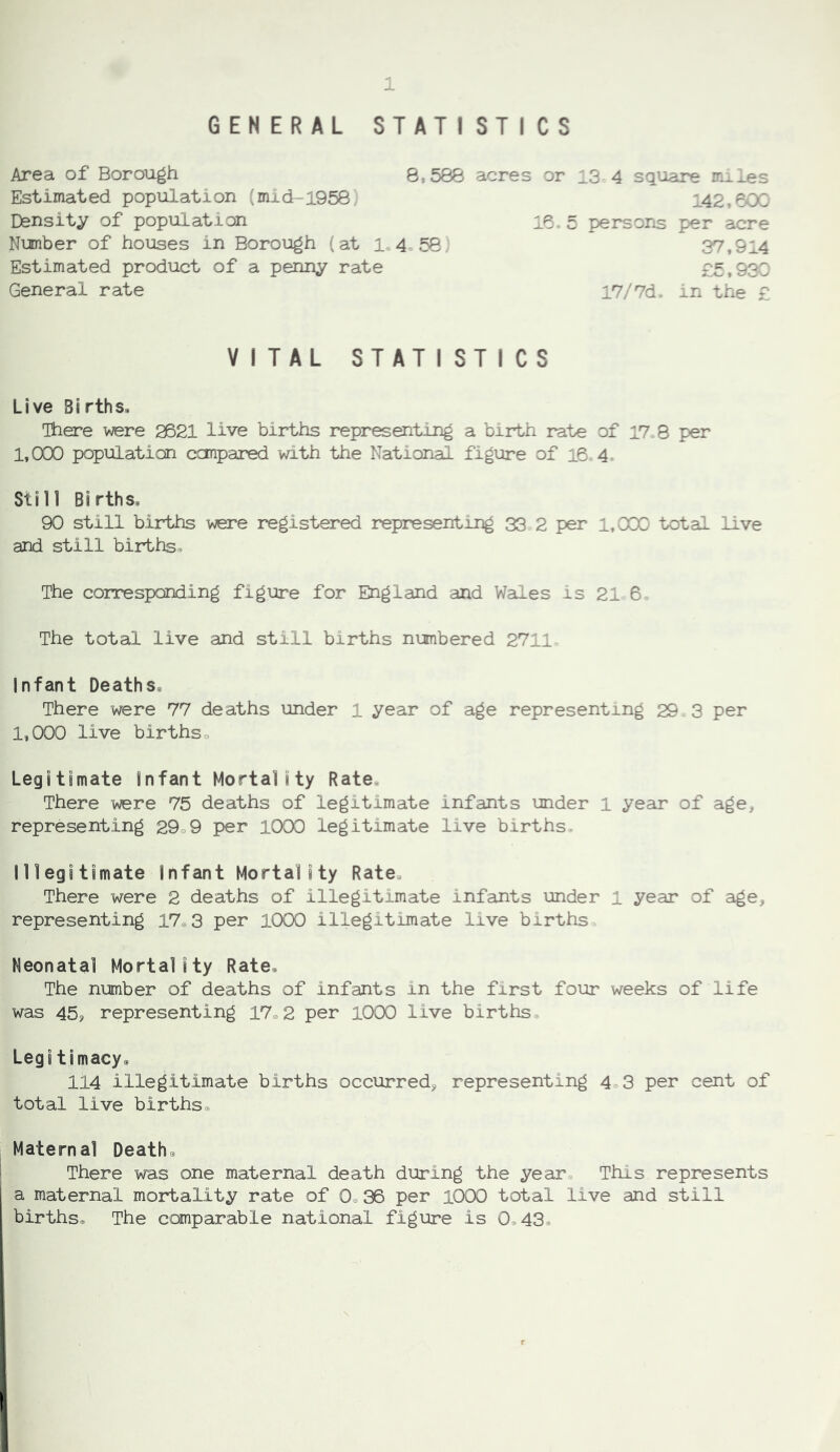 GENERAL STATI STI CS Area of Borough Estimated population (mid-1958 Density of population 8,588 acres or 13 4 square mi^es 142,600 16 5 persons per acre per acre Number of houses in Borough (at 1.4.58 Estimated product of a penny rate General rate 17/7d, in the £ 37.914 £5.930 V I TAL STATISTICS Live Births, There were 2621 live births representing a birth rate of 17 8 per 1,000 population conpared with the National figure of 16 4. Still Births, 90 still births were registered representing 33 2 per 1,000 total live and still births. The corresponding figure for England and Wales is 21 6 The total live and still births numbered 2711. Infant Deaths® There were 77 deaths under 1 year of age representing 29 3 per 1,000 live birthso Legitimate infant Mortality Rate® There were 75 deaths of legitimate infants under l year of age, representing 29®9 per 1000 legitimate live births. Illegitimate Infant Mortality Rate® There were 2 deaths of illegitimate infants under 1 year of age, representing 17® 3 per 1000 illegitimate live births Neonatal Mortality Rate® The number of deaths of infants in the first four weeks of life was 45? representing 17,2 per 1000 live births® Leg!timacy® 114 illegitimate births occurred, representing 4*3 per cent of total live births® Maternal Death® There was one maternal death during the year® This represents a maternal mortality rate of 0® 36 per lOOO total live and still births® The conparable national figure is 0®43®