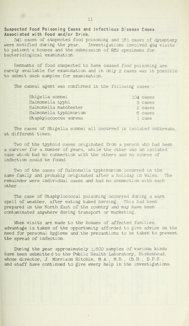 Suspected Food Poisoning Cases and Infectious Disease Cases Associated with Food and/or Drink. 341 cases of siaspected food poisoning and 161 cases of dysentery were notified during the year. Investigations involved 494 visits to patient's houses and the submission of 852 specimens for bacteriological examination. Remnants of food suspected to have caused food poisorAng are rarely available for examination and in only 2 cases was it possible to submit such samples for examination. The causal agent was confirmed in the following cases - Shigella sonnei Salmonella typhi 104 cases 3 cases 2 cases 6 cases 1 case Salmonella manchester Salmonella typhimurium Staphylococcus aureus The cases of Shigella sonnei all occurred in isolated outbreaks, at different times* Two of the typhoid cases originated from a person who had been a carrier for a number of years^ while the other was an isolated case which had no connection with the others and no source of infection could be found* Two of the cases of Salmonella typhimurium occurred in the same family and probably originated after a holiday in Wales The remainder were individual cases and had no connection with each other* The case of Staphylococcal poisoning occurred during a warm spell of weather^ after eating baked herring This had been prepared in the North East of the country and may have been contaminated anywhere during transport or marketing. When visits are made to the houses of affected families^ advantage is taken of the opportunity afforded to give advice on the need for personal hygiene and the precautions to be taken to prevent the spread of infection* During the year approximately 1,600 samples of various kinds have been submitte d to the Public Health Laboratory, Birkenhead, whose director, J* Morrison Ritchie, MoA*, ChoB*, DoPeH , and staff have continiaed to give every help in the investigations