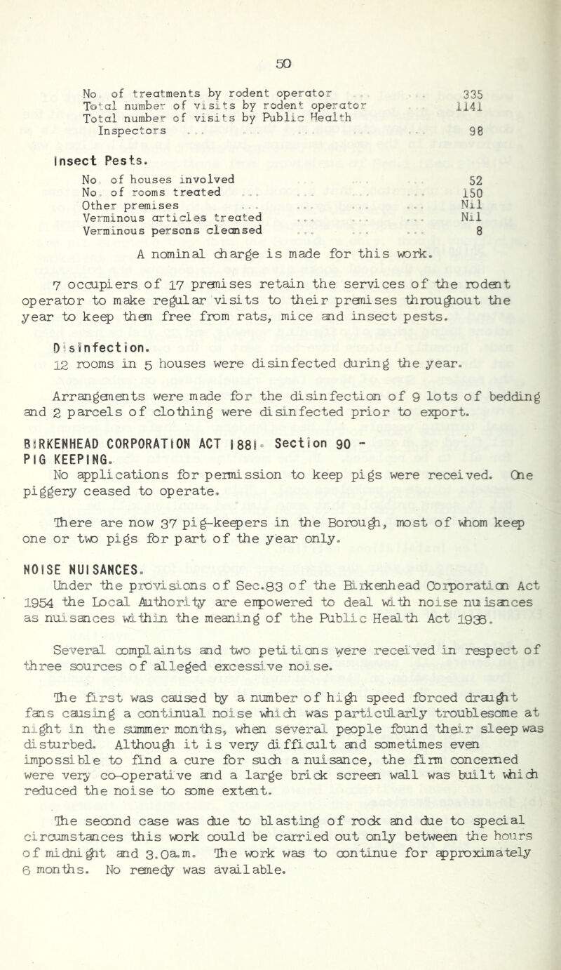 No of treatments by rodent operator „ , 335 Total number of visits by rodent operator , . ii4i Total number of visits by Public Health Inspectors ,, 98 Insect Pests. Noo of houses involved . , , . 52 Noo of rooms treated .0. . . ,,, ISO Other premises 0.0 000 », » » »c Nil Verminous articles treated „„o .00 ,0. Nil Verminous persons cleansed „ „ „ 0,0 « «» 8 A nominal charge is made for this work. 7 occupiers of 17 pronises retain the services of the rodait operator to make regular visits to their pronises throu^out the year to keep than free from rats, mice and insect pests. D§sinfect!on« 12 rooms in 5 houses were disinfected during the year. Arrangonents were made for the disinfection of 9 lots of bedding and 2 parcels of clothing were disinfected prior to export. BIRKENHEAD CORPORATION ACT 1881^ Section 90 - PIG KEEPING« No applications for peimission to keep pigs were received. Che piggery ceased to operate, There are now 37 pig-keq)ers in the Borou^, most of Wiom keep one or twa pigs for part of the year only, NOISE NUISANCES, Under the provisions of Sec,83 of the H.ikenhead Coiporaticn Act 1954 the Local Authority are enpowered to deal with noise nuisaices as nuisances within the meaning of the Public Health Act 19:^, Several complaints and two petitions were received in respect of three sources of alleged excessive noise. The first was caused by a number of hi^ speed forced drai^t fans causing a continual noise vhidi was particiiarly troublesome at night in the summer mon^Sj when several people found their sleep was disturbed, Althou^ it is very difficult and sometimes even impossible to find a cure for such a nuisance, the firm concerned were ver^' co-operative and a large brick screen wall was built Wiidi reduced the noise to some extait. The second case was due to blasting of rock and due to special circumstances this work could be carried out only between the hours of midni^t and 3,oa»ni. The work was to continue for approximately 6 months. No remec^ was available.