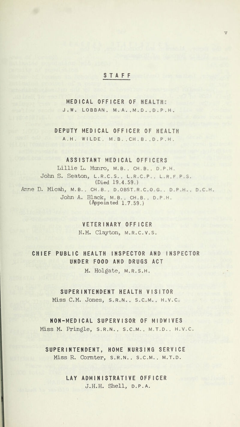 STAFF MEDICAL OFFICER OF HEALTH: J.W. LOBBAN, M.A. ,M.D. .D.P.H. DEPUTY MEDICAL OFFICER OF HEALTH A.H, WILDE, M.B..CH.B.,D.P.H. ASSISTANT MEDICAL OFFICERS Lillie L. Munro, m.b., ch.b., d.p.h, JohnS. Seaton, l.r.c.s.. l.r.c.p.. l.r.f p.S. (Died 19.4.59,) Anne D. Micah, M.B., CH.B., D.OBST.R.C.O.G. D.P.H., D.C.H. John A. Black, m.b., ch.b.. D.P.H. (Appointed 1.7.59.) VETERINARY OFFICER N.M. Clayton, M.R.C.V.S. CHIEF PUBLIC HEALTH INSPECTOR AND INSPECTOR UNDER FOOD AND DRUGS ACT M. Holgate, m.r.s.h. SUPERINTENDENT HEALTH VISITOR Miss C.M. Jones, S.R.N., S.C.M., H.v.C. NON-MEDICAL SUPERVISOR OF MIDWIVES Miss M. Pringle, S.R.N., S.C.M., M.T.D., H.V.C. SUPERINTENDENT, HOME NURSING SERVICE Miss R. Cornter, S.R.N., S.C.M.. M.T.D. LAY ADMINISTRATIVE OFFICER J.H.H. Shell, D.P.A.