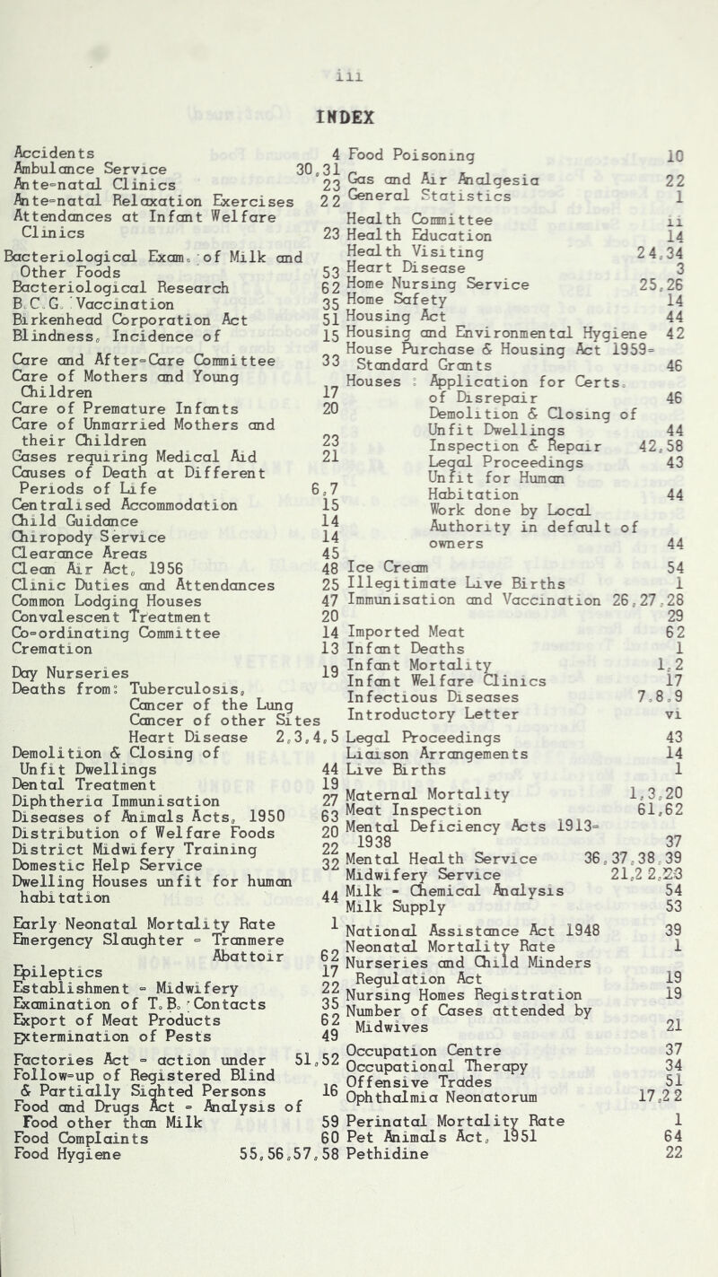 IKDEX Accidents 4 Food Poisoning Ambulance Service 30„31 Ante°natal Clinics 23 Ante^natol Relaxation Exercises 2 2 Attendances at Infant Welfare Clinics 23 Bacteriological Exomc of Milk and Other Foods 53 Bacteriological Research 62 BcC.G. Vaccination 35 Birkenhead Corporation Act 51 Blindness0 Incidence of 15 Care and After=Care Committee 33 Care of Mothers and Young Children 17 Care of Premature Infants 20 Care of Unmarried Mothers and their Children 23 Gases requiring Medical Aid 21 Causes of Death at Different Periods of Life 6.7 Centralised Accommodation 15 Child Guidance 14 Chiropody Service 14 Clearance Areas 45 Qeon Air Acto 1956 48 Clinic Duties and Attendances 25 Common Lodging Houses 47 Convalescent Treatment 20 Co=ordinating Committee 14 Cremation 13 Day Nurseries 19 Deaths froms Tuberculosis. Cancer of the Lung Cancer of other Sites Heart Disease 2.3.4.5 Demolition & Closing of Unfit Dwellings 44 Dental Treatment 19 Diphtheria Immunisation 27 Diseases of Animals Acts. 1950 63 Distribution of Welfare Foods 20 District Midwifery Training 22 Domestic Help Service 32 Dwelling Houses unfit for human habitation Early Neonatal Mortality Rate Emergency Slaughter ° Tranmere Abattoir Epileptics Establishment = Midwifery Examination of T.Bo;Contacts Export of Meat Products Extermination of Pests 44 62 17 22 35 62 49 Factories Act ■= action under Follow=up of Registered Blind & Partially Sighted Persons Food and Drugs Act = Analysis of Food other than Milk Food Complaints Food Hygiene 55.56.57 51.52 16 59 60 58 10 Gas and Air Analgesia 22 General Statistics 1 Health Conmittee n Health Education 14 Health Visiting 2 4.34 Heart Disease 3 Home Nursing Service 25.26 Home Safety 14 Housing Act 44 Housing and Environmental Hygiene 42 House Rirchase & Housing Act 1959= Standard Grants 46 Houses I Application for Certs, of Disrepair 46 Demolition & Closing of Unfit Dwellings 44 Inspection & Repair 42.58 Legal Proceedings 43 Unfit for Human Habitation 44 Work done by Local Authority in default of owners 44 Ice Cream 54 Illegitimate Live Births 1 Immunisation and Vaccination 26.27.28 29 Imported Meat 62 Infant Deaths 1 Infant Mortality 1.2 Infant Welfare Clinics 17 Infectious Diseases 7,8o9 Introductory Letter vi Legal Proceedings 43 Liaison Arrangements 14 Live Births 1 Maternal Mortality 1,3.20 Meat Inspection 61,62 Mental Deficiency Acts 1913= 1938 37 Mental Health Service 36.37.38 39 Midwifery Service 21.2 2.23 Milk - Chemical Analysis 54 Milk Supply 53 National Assistance Act 1948 39 Neonatal Mortality Rate 1 Nurseries and Child Minders Regulation Act 19 Nursing Homes Registration 19 Number of Cases attended by Midwives 21 Occupation Centre 37 Occupational Therapy 34 Offensive Trddes 51 Ophthalmia Neonatorum 17.2 2 Perinatal Mortality Rate 1 Pet Animals Act. 1951 64 Pethidine 22