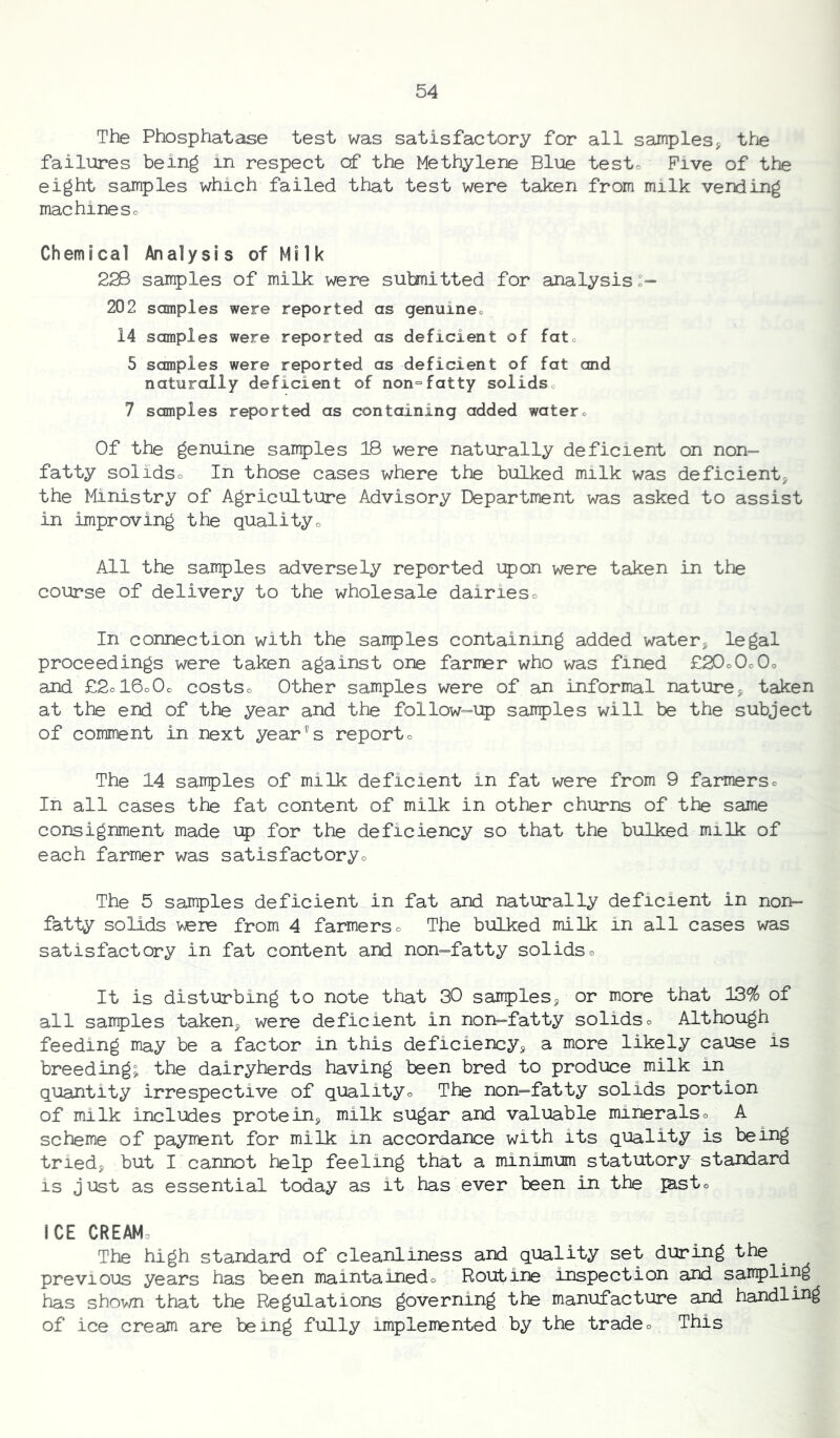 The Phosphatase test was satisfactory for all samples, the failures being in respect cf the Methylene Blue testo Five of the eight samples which failed that test were taken from milk vending machineSc Chemical Analysis of Milk 22B samples of milk were submitted for analysis 202 samples were reported as genuineo 14 samples were reported as deficient of fate 5 samples were reported as deficient of fat and naturally deficient of non°fatty solidso 7 samples reported as containing added watero Of the genuine samples 18 were naturally deficient on non- fatty solidso In those cases where the bulked milk was deficient, the Ministry of Agriculture Advisory Department was asked to assist in improving the qualityo All the samples adversely reported i:pon were taken in the course of delivery to the wholesale dairieso In connection with the samples containing added water, legal proceedings were taken against one farmer who was fined £20o0o0o and £2ol6o0o costso Other samples were of an informal nature, taken at the end of the year and the follow-up samples will be the subject of comment in next year''s report o The 14 samples of milk deficient in fat were from 9 farmersc In all cases the fat content of milk in other churns of the same consignment made up for the deficiency so that the bulked milk of each farmer was satisfactoryo The 5 samples deficient in fat and naturally deficient in non- fatty solids vere from 4 farmers o The bulked milk in all cases was satisfactory in fat content and non-fatty solidso It is disturbing to note that 30 samples, or more that 13% of all samples taken, were deficient in non-fatty solidso Although feeding may be a factor in this deficiency, a more likely cause is breeding; the dairyherds having been bred to produce milk in quantity irrespective of qualityo The non—fatty solids portion of milk includes protein, milk sugar and valuable mineralso A scheme of payrrent for milk in accordance with its qi:iality is being tried, but I cannot help feeling that a minimum statutory standard is just as essential today as it has ever been in the jasto ICE CREAMo The high standard of cleanliness and quality set during the previous years has been maintainedo Routine inspection and sampling has shov/n that the Regulations governing the manufacture and handling of ice cream are being fully impleirented by the tradeo This