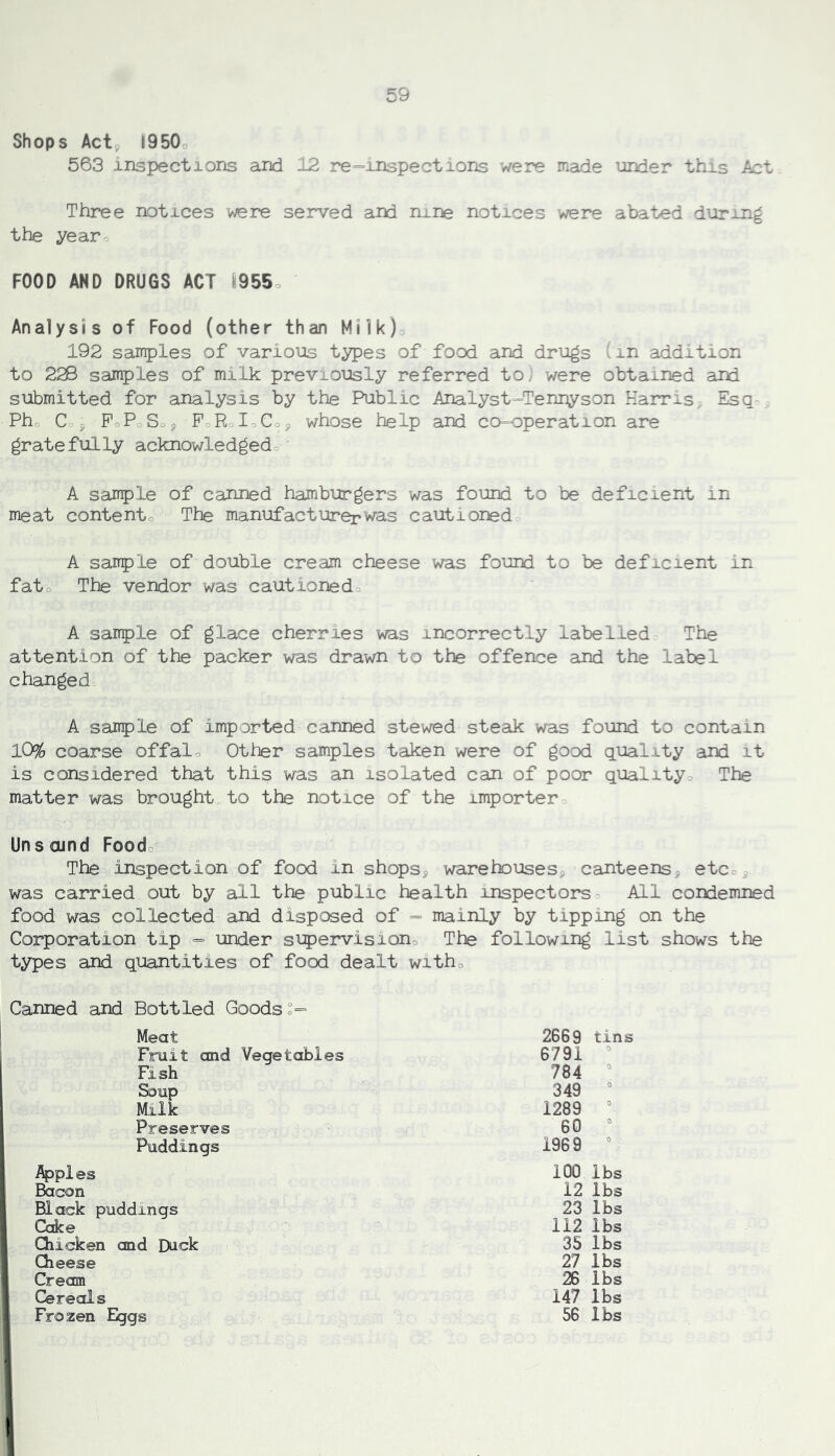 Shops Act9 I950o 563 inspections and 12 re “inspections were made under this Act Three notices were served and nine notices were abated during the yearo FOOD AND DRUGS ACT ^955o Analysis of Food (other than Milk) 192 samples of various types of food and drugs (in addition to 228 samples of milk previously referred to; were obtained and submitted for analysis by the Public Analyst=Tennyson Karris; Esq- Pho Co j PoPoSop P-.R loCoj whose help and co=operation are gratefully acknowledgedo A sample of canned hamburgers was found to be deficient in meat contento The manufacturer was cautioned A sample of double cream cheese was found to be deficient in fato The vendor was cautionedo A sairple of glace cherries was incorrectly labelled The attention of the packer was drawn to the offence and the label changede A sairple of imported canned stewed steak was found to contain 10% coarse offalo Other samples taken were of good quality and it is considered that this was an isolated can of poor quality^ The matter was brought to the notice of the importer Unsound Foodo The inspection of food in shops, warehauses, canteens, etcc, was carried out by all the public health inspectors= All condemned food was collected and disposed of = mainly by tipping on the Corporation tip = under sipervisiono The following list shows the types and quantities of food dealt witho Canned and Bottled Goods Meat 2669 tins Fruit and Vegetables 6791 Fish 784 Soup 349 “ Milk 1289 “ Preserves 60 ° Puddings 1969 “ Apples 100 lbs Bacon 12 lbs Black puddings 23 lbs Ccdce 112 lbs Chicken and Duck 35 lbs Cheese 27 lbs Cream 26 lbs Cereals 147 lbs Frozen Eggs 56 lbs