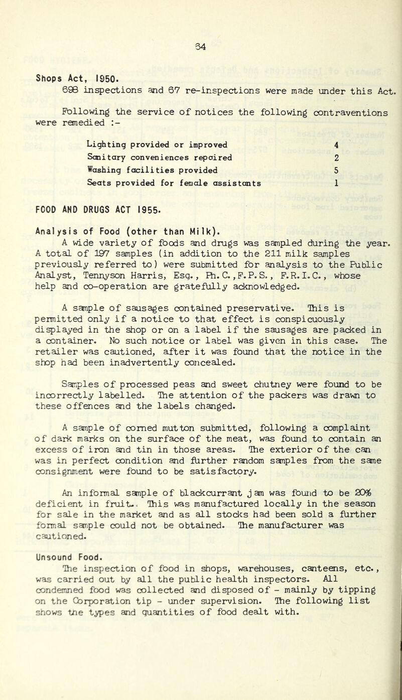 54 Shops Act, 1950. 696 inspections and 67 re-inspections were made under this Act. Following the service of notices the following contraventions were remedied Lighting provided or improved Sanitary conveniences repaired Washing facilities provided Seats provided for female assistants 4 2 5 1 FOOD AND DRUGS ACT 1955. Analysis of Food (other than Milk). A wide variety of foods and drugs was sampled during the year. A total of 197 samples (in addition to the 211 milk samples previously referred to) were submitted for analysis to the Public Analyst, Tennyson Harris, Esq., Fh. C., P, P. S., P.R, I.C., whose help and co-operation are gratefully acknowledged. A sanple of sausages contained preservative. This is pemitted only if a notice to that effect is conspicuously displayed in the shop or on a label if the sausages are packed in a container. No such notice or label was given in this case. The retailer was cautioned, after it was found that the notice in the shop had been inadvertently concealed. Samples of processed peas and sweet ctiutney were found to be incorrectly labelled. The attention of the packers was drawn to these offences and the labels changed. A sample of corned mutton submitted, following a complaint of dark marks on the surface of the meat, was found to contain an excess of iron and tin in those areas. The exterior of the can was in perfect condition and farther random samples from the same consigniTient were found to be satisfactory. An informal sample of blackcurrant jam was found to be 20% deficient in fruit-. This was manufactured locally in the season for sale in the market and as all stodcs had been sold a further formal saijple could not be obtained. The manufacturer was cautioned. Unsound Food. The inspection of food in shops, warehouses, canteens, etc., was carried out by all the public health inspectors. All condemned food was collected and disposed of - mainly by tipping on the Corporation tip - under supervision. The following list shows tne types and quantities of food dealt with.
