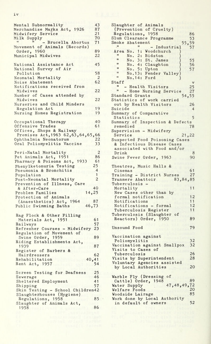 Mental Subnormality 43 Merchandise Marks Act, 1926 87 Midwifery Service 21 Milk Supply 70 ”  - Brucella Abortus 71 Movement of Animals (Records) Order, 1960 89 Municipal Midwives 22 National Assistance Act 45 National Survey of Air Pollution 58 Neonatal Mortality 2 Noise Abatement 62 Notifications received from Midwives 22 Number of Cases attended by Midwives 22 Nurseries and Child Minders Regulation Act 19 Nursing Homes Registration 19 Occupational Therapy 40 Offensive Trades 61 Offices, Shops & Railway Premises Act,1963 62,63,64,65,66 Ophthalmia Neonatorum 22 Oral Poliomyelitis Vaccine 33 Peri-Natal Mortality 2 Pet Animals Act, 1951 86 Pharmacy & Poisons Act, 1933 61 Phenylketonuria Testing 25 Pneumonia & Bronchitis 4 Population 1 Post-Neonatal Mortality 2 Prevention of Illness, Care & After-Care 40 Problem Families 14,25 Protection of Animals (Anaesthetics) Act, 1964 87 Public Swimming Baths 46,73 Rag Flock & Other Filling Materials Act, 1951 61 Railways 57 Refresher Courses - Midwifery 23 Regulation of Movement of Swine Order, 1959 89 Riding Establishments Act, 1939 87 Register of Barbers & Hairdressers 62 Rehabilitation 40,41 Rent Act, 1957 54 Slaughter of Animals (Prevention of Cruelty) Regulations , 1958 86 Slum Clearance Programme 53 Smoke Abatement 55 ,59 l» II - Industrial 57 Area No. 1 : Woodchurch ) M No. 2: Bidston ) II No. 3; St. James ) 55 II No. 4: Claughton ) 56 II No. 5; Upton ) 57 II No.13: Fender Valley) II No.14: Ford ) Staff V II - Health Visitors 25 II - Home Nursing Service 27 Standard Grants 54 ,55 Statistics of work carried out by Health Visitors 26 Suicide 4 Summary of Comparative Statistics 5 Summary of Inspection & Defects remedied 78 Supervision - Midwifery Service 21,22 Suspected Food Poisoning Cases & Infectious Disease Cases associated with Food and/or Drink 8 Swine Fever Order, 1963 90 Theatres, Music Halls & Cinemas 61 Training - District Nurses 27 Tranmere Abattoir 83,84,85 Tuberculosis - Mortality 11 New Cases other than by formal notification 12 Notifications 11 Notifications - formal 12 Tuberculosis Register 11 Tuberculosis (Slaughter of Reactors) Order, 1950 89 Unsound Food 79 Vaccination against Poliomyelitis 32 Vaccination against Smallpox 32 Visits to Cases of Tuberculosis 26 Visits by Superintendent 28 Voluntary Agencies assisted by Local Authorities 20 Screen Testing for Deafness 25 Sewerage 46 Sheltered Employment 41 Shipping 57 Skin Testing - School Children42 Slaughterhouses (Hygiene) Regulations, 1958 85 Slaughter of Animals Act, 1958 86 ¥arble Fly (Dressing of Cattle) Order, 1948 89 Water Supply 47,48,49,72 Welfare Foods 20 Woodside Lairage 85 Work done by Local Authority in default of owners 52