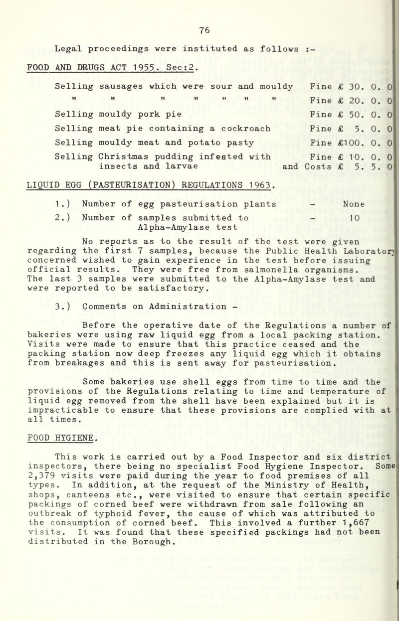 Legal proceedings were instituted as follows FOOD AND DRUGS ACT 1955. Sec;2. Selling sausages which were sour and mouldy 11 H tf »l M t» f» Selling mouldy pork pie Selling meat pie containing a cockroach Selling mouldy meat and potato pasty Selling Christmas pudding infested with insects and larvae and Fine £ 30. Fine £ 20. Fine £ 50. Fine £ 5. Fine £100. Fine £ 10. Costs £ 5. 0. 0 0. 0 0. 0 0. 0 0. 0 0. 0 5. 0 LIQUID EGG (PASTEURISATION) REGULATIONS 1963. 1. ) Number of egg pasteurisation plants - None 2. ) Number of samples submitted to - 10 Alpha-Amylase test No reports as to the result of the test were given regarding the first 7 samples, because the Public Health Laborator;; concerned wished to gain experience in the test before issuing official results. They were free from salmonella organisms. The last 3 samples were submitted to the Alpha-Amylase test and were reported to be satisfactory. 3.) Comments on Administration - Before the operative date of the Regulations a number of bakeries were using raw liquid egg from a local packing station. Visits were made to ensure that this practice ceased and the packing station now deep freezes any liquid egg which it obtains from breakages and this is sent away for pasteurisation. Some bakeries use shell eggs from time to time and the provisions of the Regulations relating to time and temperature of liquid egg removed from the shell have been explained but it is impracticable to ensure that these provisions are complied with at all times. FOOD HYGIENE. This work is carried out by a Food Inspector and six district inspectors, there being no specialist Food Hygiene Inspector. Some 2,379 visits were paid during the year to food premises of all types. In addition, at the request of the Ministry of Health, shops, canteens etc., were visited to ensure that certain specific packings of corned beef were withdrawn from sale following an outbreak of typhoid fever, the cause of which was attributed to the consumption of corned beef. This involved a further 1,667 visits. It was found that these specified packings had not been distributed in the Borough.