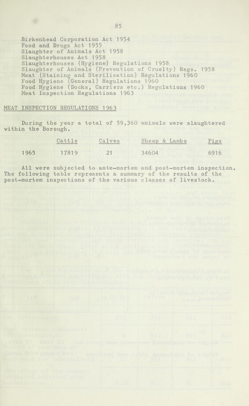Birkenhead Corporation Act 1954 Food and Drugs Act 1955 Slaughter of Animals Act 1958 Slaughterhouses Act 1958 Slaughterhouses (Hygiene) Regulations 1958 Slaughter of Animals (Prevention of Cruelty) Regs. 1958 Meat (Staining and Sterilisation) Regulations I960 Food Hygiene (General) Regulations I960 Food Hygiene (Docks, Carriers etc0) Regulations I960 Meat Inspection Regulations 1963 MEAT INSPECTION REGULATIONS 1963 During the year a total of 59,360 animals were slaughtered within the Borough. Cattle Calves Sheep & Lambs Pigs 1965 17819 21 34604 6916 All were subjected to anto-mortem and post-mortem inspection. The following table represents a summary of the results of the post-mortem inspections of the various classes of livestock.