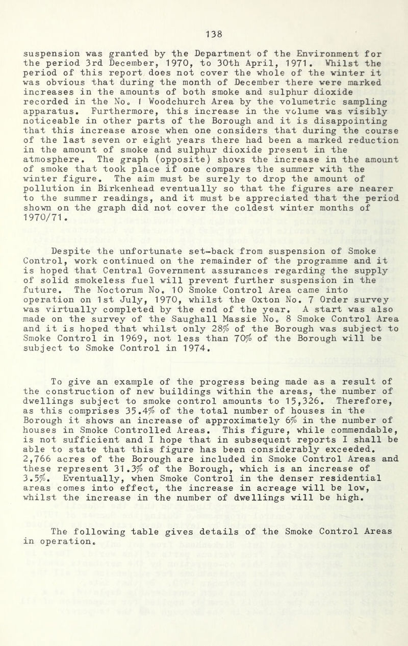 suspension vas granted by the Department of the Environment for the period 3rd December, 1970, to 30th April, 1971. Whilst the period of this report does not cover the -whole of the winter it was obvious that during the month of December there were marked increases in the amounts of both smoke and sulphur dioxide recorded in the No. f Woodchurch Area by the volumetric sampling apparatus. Furthermore, this increase in the volume was visibly noticeable in other parts of the Borough and it is disappointing that this increase arose when one considers that during the course of the last seven or eight years there had been a marked reduction in the amount of smoke and sulphur dioxide present in the atmosphere. The graph (opposite) shows the increase in the amount of smoke that took place if one compares the summer with the winter figure. The aim must be surely to drop the amount of pollution in Birkenhead eventually so that the figures are nearer to the summer readings, and it must be appreciated that the period shown on the graph did not cover the coldest winter months of 1970/71 . Despite the unfortunate set-back from suspension of Smoke Control, work continued on the remainder of the programme and it is hoped that Central G-overnment assurances regarding the supply of solid smokeless fuel will prevent further suspension in the future. The Noctorum No. 10 Smoke Control Area came into operation on 1st July, 1970, whilst the Oxton No. 7 Order survey was virtually completed by the end of the year. A start was also made on the survey of the Saughall Massie No0 8 Smoke Control Area and it is hoped that whilst only 28$ of the Borough was subject to Smoke Control in 1969, not less than 70$ of the Borough will be subject to Smoke Control in 1974, To give an example of the progress being made as a result of the construction of new buildings within the areas, the number of dwellings subject to smoke control amounts to 15,326. Therefore, as this comprises 35.4$ of the total number of houses in the Borough it shows an increase of approximately 6$ in the number of houses in Smoke Controlled Areas. This figure, while commendable, is not sufficient and I hope that in subsequent reports I shall be able to state that this figure has been considerably exceeded. 2,766 acres of the Borough are included in Smoke Control Areas and these represent 31.3$ of the Borough, which is an increase of 3.5$. Eventually, when Smoke Control in the denser residential areas comes into effect, the increase in acreage will be low, whilst the increase in the number of dwellings will be high. The following table gives details of the Smoke Control Areas in operation.