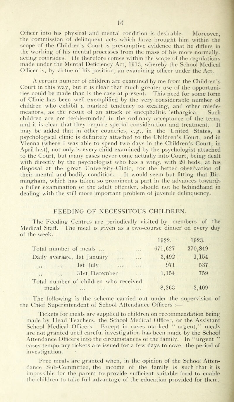 Officer into his physical and mental condition is desirable. Moreover, the commission of delinquent acts which have brought him within the scope of the Children’s Court is presumptive evidence that he differs in the working of his mental processes from the mass of his more normally- acting comrades. He therefore comes within the scope of the regulatioins made under the Mental fJeficiency Act, 1916, whereby the School Medical Officer is, by virtue of his position, an examining officer under the Act. A certain number of children are examined by me from the Children’s Court in this way, but it is clear that much greater use of the opportuni- ties could be made than is the case at present. This need for some form of Clinic has been well exemplified by the very considerable number of children who exhibit a marked tendency to stealing, and other misde- meanors, as the result of an attack of encephalitis lethargica. Such children are not feeble-minded in the ordinary acceptance of the term, and it is clear that they require special consideration and treatment. It may be added that in other countries, e.g., in the United States, a psychological clinic is definitely attached to the Children’s Court, and in Vienna (where I was able to spend two days in the Children’s Court, in April last), not only is every child examined by the psychologist attached to the Court, but many cases never come actually into Court, being dealt with directly by the psychologist who has a wing, with 20 beds, at his disposal at the great University-Clinic, for the better observation of their mental and bodily condition. It would seem but fitting that Bir- mingham, which has taken so prominent a part in the advances towards a fuller examination of the adult offender, should not be behindhand in dealing with the still more important problem of juvenile delinquency. FEEDING OF NECESSITOUS CHILDREN. 'Fhe Feeding Centres are periodically visited by members of the Medical Staff. The meal is given as a two-course dinner on every day of the week. 1922. 1923. Total number of meals ... 671,027 270,849 Daily average, 1st January 3,492 1,154 ,, ,, 1st July 971 537 ,, ,, 31st December 1,154 759 Total number of children who received meals 8,263 2,409 The following is the scheme carried out under the supervision of the Chief Superintendent of School Attendance Officers ;— Tickets for meals are supplied to' children on recommendation being made by Head Teachers, the School Medical Officer, or the Assistant .School Medical Officers. Except in cases marked “ urgent,” meals are not granted until careful investigation has been made by the School Attendance Officers into^ the circumstances of the family. In “urgent ” cases temporary tickets are issued for a few days toi cover the period of investigation. Free meals are granted when, in the opinion of the School Atten- dance vSub’-Committee, the income of the family is such that it is impossible for the parent toi provide sufficient suitable food to enable the Hiildren to take full advantage of the education provided for them.