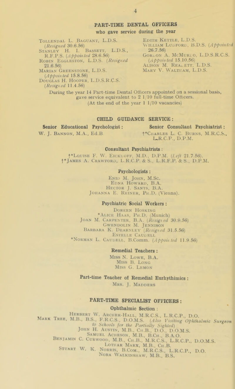 PART-TIME DENTAL OFFICERS who gave service during the year Toi-lendal L. Baguant, L.D.S. [Resigned 30.6.56) Stanley H. 1. Bassett, L.L).S., K.F.P.S. [Appon.ted 28.6.56) Robin Eggleston, L.D.S. [Resigned 21.6.56) Marian Greenstone, L.D.S. [Appointed 15.8.56) Douglas H. Hooper, L.D.S.R.C.S. [Resigy.ed 11.4.56) Edith Kettle, L.D.S. \\ILLIAM Ludford, B.D.S. [Appointed 26.7.56) Gori,on a. McMuRi o, L.D.S.R.C.S. [Appoii ted 15.10.56) Alison M. Rea, ett, L.D.S. Mary Y. Waltham, L.D.S. During the year 14 Part-time Dental Officers appointed on a sessional basis, gave service equivalent to 2 1 10 full-time Officers. (At the end of the year 1 1/10 vacancies) CHILD GUIDANCE SERVICE: Senior Educational Psychologist: Senior Consultant Psychiatrist: W. J. Bannon, M.A., Ed.B t*CiiARLES L. C. Burns, M.R.C.S., L.R.C.P., D.P.M. Consultant Psychiatrists ; t*LouiSE F. M'. Eickkoff, M.D., D.P.M. [l.eft 21.7.56). t*jAMES A. Crawford, L.R.C.P. & S., L.R.F.P. & S., D.P.M. Psychologists: Enid M. John, M.Sc. Edna Howard, B.A. Hector J. Sants, B.A. Johanna E. Reiner, Ph.D. (Vienna). Psychiatric Social Workers : Doreen Hosking ♦Alice Haas, Ph.D. (Munich) Joan M. Carpenter, B..\. [Resigj cd 30.9.56) Gwendolin M. Jenn’ison Barbara K. Dearnlky [Resigned 31.5.56) liSTKLLE CaUDELL ♦Norman L. Caudell, B.Comm. [Appoii ted 11.9.56) Remedial Teachers : Miss N. Lowe, B.A. Miss B. Long Miss G. Lemon Part-time Teacher of Remedial Eurhythimics : Mrs. j. Madders , D.O. Ophthalmic Surgeoy PART-TIME SPECIALIST OFFICERS : Ophthalmic Section : ,, Herbert W. Archer-Hall, M.R.C.S.. L.R.C.P IVIARK Tree, M.B., B.S., F.R.C.S.. D.O.M.S. (.1/50 Visiting to Schools for the Partiallv Sighted) John H. Austin, M.B.. Ch.B.,'D.O., D.O.M.S. ^‘^'^UEL Acheson. M.B., B.Ch., B.A.O. Benjamin C. Curwood, M.IL, Cii.B., M.R.C.S., L.R.C.P., D.O.M.S. I-othar Marx, M.B., Cii.B. Stuart W. K. Norris, B.Com., M.R.C.S.. L.R.C.P., D.O. Nora Wai.kinshaw, M.B., HS.