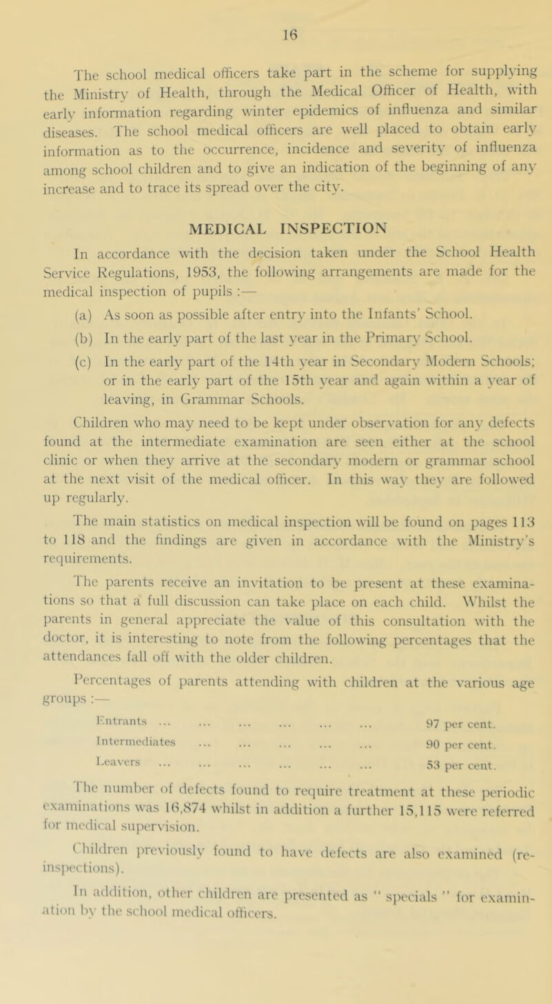 The school medical officers take part in the scheme for supplying the Ministry of Health, through the Medical Officer of Health, with early infonnation regarding winter epidemics of influenza and similar diseases. The school medical officers are well placed to obtain early information as to the occurrence, incidence and severity of inffuenza among school children and to give an indication of the beginning of an}’ increase and to trace its spread over the city. MEDICAL INSPECTION In accordance with the decision taken under the School Health Service Regulations, 1956, the following arrangements are made for the medical inspection of pupils :— (a) As soon as possible after entry into the Infants’ School. (b) In the early part of the last year in the Primar}- School. (c) In the early part of the 14th year in Secondary Modern Schools; or in the early part of the 15th year and again within a \’ear of leaving, in Grammar Schools. Children who may need to be kept under observation for any defects found at the intermediate examination are seen either at the school clinic or when they arrive at the secondary modern or grammar school at the next visit of the medical officer. In this way they are followed up regularly. The main statistics on medical inspection will be found on pages 116 to 118 and the findings are given in accordance with the Ministry’s requirements. I he parents receive an in^•itation to be present at these examina- tions so that a full discussion can take place on each child. Whilst the parents in general appreciate the value of this consultation with the doctor, it is interesting to note from the following percentages that the attendances fall off with the older children. Percentages of parents attending with children at the various age groups ;— F.ntrants 97 per cent. Intermediates ... ... ... ... ... 90 p^r cent. Leavers ... ... ... ... ... ... 53 p^,j- 1 he number of defects found to require treatment at these periodic examinations was 16,874 whilst in addition a further 15,115 were referred for medical supervision. ( hildien i)reviously found to have defects are also examined (re- ins]H'ctions). In addition, other children are presented as “ specials ” for examin- ation by the school medical officers.