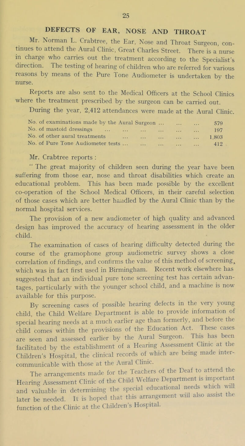 DEFECTS OF EAR, NOSE AND THROAT Mr. Norman L. Crabtree, the Ear. Nose and Throat Surgeon, con- tinues to attend the Aural Clinic, Great Charles Street. There is a nurse in charge who carries out the treatment according to the Specialist’s direction. The testing of hearing of children who are referred for various reasons by means of the Pure Tone Audiometer is undertaken by the nurse. Reports are also sent to the Medical Officers at the School Clinics where the treatment prescribed by the surgeon can be carried out. During the year, 2,412 attendances were made at the Aural Clinic. No. of examinations made by the Aural Surgeon ... ... ... 579 No. of mastoid dressings ... ... ... ... ... ... 197 No. of other aural treatments ... ... ... ... ... 1,803 No. of Pure Tone Audiometer tests ... ... ... ... ... 412 Mr. Crabtree reports : “ The great majority of children seen during the year have been suffering from those ear, nose and throat disabilities which create an educational problem. This has been made possible by the excellent co-operation of the School Medical Officers, in their careful selection of those cases which are better handled by the Aural Clinic than by the normal hospital services. The provision of a new audiometer of high qualit}^ and advanced design has improved the accuracy of hearing assessment in the older child. The examination of cases of hearing difficulty detected during the course of the gramophone group audiometric survey shows a close correlation of findings, and confirms the value of this method of screening^ which was in fact first used in Birmingham. Recent work elsewhere has suggested that an individual pure tone screening test has certain advan- tages, particularly with the younger school child, and a machine is now available for this purpose. By screening cases of possible hearing defects in the ver}. }oung child, the Child Welfare Department is able to provide information of special hearing needs at a much earlier age than formerl^q and before the child comes within the provisions of the Education Act. These cases are seen and assessed earlier by the Aural Surgeon. This has been facilitated by the establishment of a Hearing Assessment Clinic at the Children’s Hospital, the clinical records of which are being made inter- communicable with those at the Auial Clinic. The arrangements made for the Teachers of the Deaf to attend the Hearing Assessment Clinic of the Child Welfare Department is importan and valuable in determining the special educational needs which will later be needed. It is hoped that this arrangement will also assist the function of the Clinic at the Children s Hospital.