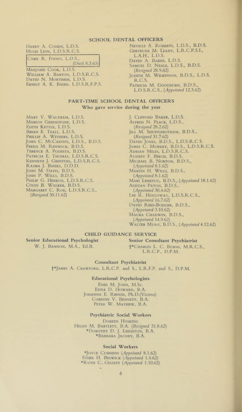 SCHOOL DENTAL OFFICERS Harry A. Cohen, L.D.S. Hugh Linn, L.D.S.R.C.S. Cyril R. Fodun, L.D.S., (Died 8.3.63) Marjoiue Cook, L.D.S. William A. Barton, L.D.S.R.C.S. David N. Mortimer, L.D.S. Ernest A. K. Baird, L.D.S.R.F.P.S. Neville A Roberts, L.D.S., B.D.S. Gertrude M. Leahy, L.R.C.P.S.L, L.A.H., L.D.S. David A. Baker, L.D.S. Samuel D. Neale, L.D.S., B.D.S. (Resigned 28.9.62) Judith M. Wilkinson, B.D.S., L.D.S. R.C.S. Patricia M. Goodburn, B.D.S., L.D.S.R.C.S., (Appointed 12.3.62) PART-TIME SCHOOL DENTAL OFFICERS Who gave service during the year Mary V. Waltham, L.D.S. Marion Greenstone, L.D.S. Edith Kettle, L.19.S. Brian E. Teall, L.D.S. Phillip A. Withers, L.D.S. John C. McCarthy, L.D.S., B.D.S. Freda M. Renwick, B.D.S. Ference a. Podesta, B.D.S. Patricia E. Thomas, L.D.S.R.C.S. Kenneth J. Griffiths, L.D.S.R.C.S. Rasma J. Breiks, D.D.D. John M. Davis, B.D.S. John P. Wills, B.D.S. Philip G. Herrod, L.D.S.R.C.S. Colin B. Walker, B.D.S. Margaret C. Roe, L.D.S.R.C.S., (Resigned 30.11.62) J. Clifford Baker, L.D.S. Alfred N. Place, L.D.S., (Resigned 28.2.62) Jill M. Shufflebotham, B.D.S.. (Resigned 3\.7.62) David Jones, B.D.S., L.D.S.R.C S James C. Murray, B.D.S., L.D.S.R.C.S. Adrian Miles, L.D.S.R.C.S. Audrey F. Birch, B.D.S. Michael B. Norton, B.D.S., (Appointed 8.1.62) Martin H. Wills, B.D.S., (Appointed 8.1.62) Mari Lehepuu, B.D.S., (H/j/iohi/ed 18.1.62) Alistan Paton, B.D.S., (Appointed 30.4.62) Lee R. Holloway, L.D.S.R.C.S., (Appointed 16.7.62) David Rees-Bodger, B.D.S., (Appointed 3.10.62) Maura Chadwin, B.D.S., (Appointed 14.9.62) Walter Munz, B.D.S., 4.12.62) CHILD GUIDANCE SERVICE Senior Educational Psychologist Senior Consultant Psychiatrist W. J. Bannon, M.A., Ed.B. t*CHARLES L. C. Burns, M.R.C.S., L.R.C.P., D.P.M. Consultant Psychiatrist t*jAMEs A. Crawford, L.R.C.P. ;uid S., L.R.F.P. and S., D.P.M. Educational Psychologists Enid M. John, M.Sc. Edna D. Howard, B.A. Johanna E. Reiner, Ph.D.(Vicnn.a) Corinne V. Bennett, B.A. Peter W. Mayhew, B.A. Psychiatric Social Workers Doreen Hosking Helen M. Bartlett, B.A. (Resigned 31.8.62) ♦Dorothy D. J. Leighton, B.A. ♦Barbara Jacoby, B.A. Social Workers ♦Joyce Cummins (Appointed 8.1.62) Ethel H. Beswick (Appointed 1.4.62) ♦Ruth C. Gillett (Appointed 1.10.62)