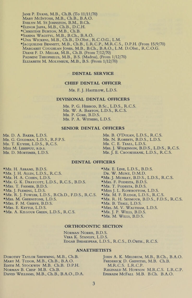 Jane P. Evans, M.B., Ch.B. (To 11/11/70) Mary McIntosh, M.B., Ch.B., B.A.O. Evelyn M. St.Johnston, B.M., B.Ch. *Elinor Jaffa, M.B., Ch.B., D.C.H. ♦Christine Burton, M.B., Ch.B. ♦Sabina Wagstyl, M.B., B.Ch., B.A.O. ♦Una Wickens, M.B., Ch.B., D.Obst., R.C.O.G., L.M. ♦Jacqueline Bennett, M.B., Ch.B., L.R.C.P., M.R.C.S., D.P.H. (From 15/9/70) Margaret Coughlan Jones, M.B., B.Ch., B.A.O., L.M. D.Obst., R.C.O.G. Diane F. D. Millar, M.B., Ch.B. (From 7/12/70) Padmini Theophilus, M.B., B.S. (Madras), (From 1/12/70) Elizabeth M. Molyneux, M.B., B.S. (From 1/12/70) DENTAL SERVICE CHIEF DENTAL OFFICER Mr. F. J. Hastilow, L.D.S. DIVISIONAL DENTAL OFFICERS Mr. P. G. Herrod, B.Sc., L.D.S., R.C.S. Mr. W. a. Barton, L.D.S., R.C.S. Mr. P. Gore, B.D.S. Mr. P. a. Withers, L.D.S. SENIOR DENTAL OFFICERS Mr. D. a. Baker, L.D.S. Mr. G. Goldman, L.D.S., R.F.P.S. Mr. T. Kuyebi, L.D.S., R.C.S. Miss M. Lehepuu, b.d.s. Mr. D. Mortimer, L.D.S. DENTAL ♦Mr. H. Abrams, B.D.S. ♦Mr. J. H. Allin, L.D.S., R.C.S. ♦Mr. H. a. Cohen, L.D.S. ♦Mr. G. K. Draycott, L.D.S., R.C.S., B.D.S. ♦Mrs. T. Farmer, B.D.S. ♦Mr. J. Fleming, L.D.S. ♦Mr. R. j. Fowler, L.D.S., B.Ch.D., F.D.S., R.C ♦Mrs. M. Greenstone, L.D.S. ♦Mrs. F. M. Grieve, B.D.S. ♦Mrs. E. Kettle, L.D.S. ♦Mr. a. Kilgour Green, L.D.S., R.C.S. Mr. B. O’Dolan, L.D.S., R.C.S. Mr. N. Roberts, B.D.S., L.D.S. Mr. C. E. Teall, L.D.S. Mrs. j. Wilkinson, B.D.S., L.D.S., R.C.S. Mr. J. E. Crookshank, L.D.S., R.C.S. OFFICERS ♦Mr. E. Line, L.D.S., B.D.S. Dr. W. Munz, D.M.D. ♦Mr. J. Murray, B.D.S., L.D.S., R.C.S. ♦Mrs. F. Podesta, B.D.S. ♦Mr. T. Podesta, B.D.S. ♦Miss J. L. Rowbottom, L.D.S. .S. ♦Mr. M. F. Rudge, L.D.S., R.C.S. ♦Mr. R. H. Seymour, B.D.S., F.D.S., R.C.S. ♦Mr. B. Teall, L.D.S. ♦Mrs. M. V. Waltham, L.D.S. ♦Mr. J. P. WaLs, B.D.S. ♦Mr. M. Whls, B.d.s. ORTHODONTIC SECTION Norman Norris, B.D.S. Vera K. Stanley, L.D.S. Edgar Breakspear, L.D.S., R.C.S., D.Orth., R.C.S. ANAETHETISTS Dorothy Taylor Shewring, M.B., Ch.B. Mary M. Tudor, M.B., Ch.B., B.A.O. Edith M. Stockwin M.B. Ch.B. D.P.H. Norman B. Crisp M.B. Ch.B. David Williams, M.B., Ch.B., B.A.O., D.A. John A. K. Meldrum, M.B., B.Ch., B.A.O. Frederick D. Griffiths, M.B. Ch.B. M.R.C.S. L.R.C.P. Reginald M. Howson M.R.C.S. L.R.C.P. Ephraim McFall M.B. B.Ch. B.A.O.