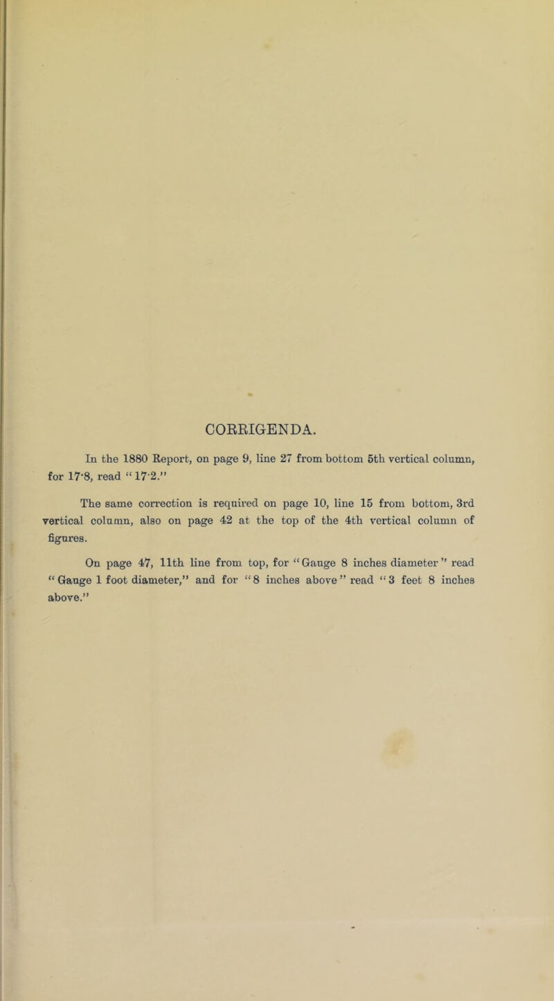 CORRIGENDA. In the 1880 Report, on page 9, line 27 from bottom 5th vertical column, for 17-8, read » 17-2.” The same correction is reqnii’ed on page 10, line 15 from bottom, 3rd vertical column, also on page 42 at the top of the 4th vertical column of figures. On page 47, 11th line from top, for “Gauge 8 inches diameter” read “ Gauge 1 foot diameter,” and for “ 8 inches above ” read “ 3 feet 8 inches above.”