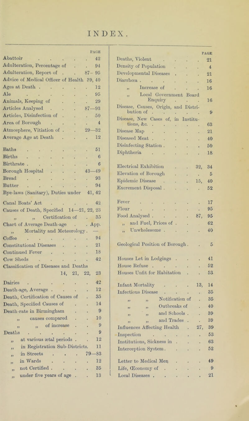 INDEX. PAGE PAGE Abattoir .... . 42 Dcatlis, Violent 21 Adulteration, Percentage of . 94 Density of Population 4 Adulteration, Report of . 87- 95 Develoi)ment!d Diseases . 21 Advice of Medical Officer of Health 39, 40 Diarrhoea .... 16 Ages at Death .... . 12 „ Increase of 16 Ale ..... . 95 „ Local Government Board Animals, Keeping of . 29 Enquiry 16 Articles Analysed 87—93 Disease, Causes, Origin, and bution of . Distri- 9 Articles, Disinfection of . 50 Disease. New Cases of. in Institu- Area of Borough 4 tions, &c. . 63 Atmosphere, Vitiation of . 29—32 Disease Maji 21 Average Age at Death 12 Diseased Meat . 40 Vta Disinfecting Station . 50 A^atns ..... . 01 Dijihtheria 18 Births ..... 6 Birthrate ..... 6 Electrical Exhibition . 32, 34 Borough Hospital 43—49 Elevation of Borough 5 Bread ..... . 93 Epidemic Disease . 15, 40 Butter ..... 94 Excrement Disposal . 52 Bye-laws (Sanitary), Duties under 41, 42 Canal Boats’ Act . 42 Fever .... 17 Causes of Death, Specified 14—21, 22, 23 Flour .... • 95 „ „ Certification of . 35 Food Analysed . . 87, 95 Chart of Average Death-age . App. „ and Fuel, Prices of . 62 „ Mortality and Meteorology. — „ Unwholesome . • 40 Coffee ..... . 94 Constitutional Diseases . 21 Geological Position of Borougl 1 . 5 Continued Fever . 18 Cow Sheds .... . 42 Houses Let in Lodgings . • 41 Cla.ssification of Diseases and Deaths House Refuse . . 52 r—< 22, 23 Houses Unfit for Habitation • 53 Dairies . 42 Infant Mortality . 13, 14 Death-age, Average . . 12 Infectious Disease 35 Death, Certification of Causes of . 35 „ „ Notification of 35 Death, Specified Causes of 14 ,, „ Outbreaks of 40 Death-rate in Birmingham 9 „ „ and Schools 39 „ causes compared . 10 „ „ and Trades 39 „ „ of increase 9 Influences Affecting Health . 27, 39 Deaths 9 -In.spection 63 „ at various setal periods . 12 Institutions, Sickness in . 63 „ in Registration Sub-Districts. 11 Interception System. 52 „ in Streets 79—83 „ in Wards . 12 Letter to Medical Men 49 „ not Certified . . 35 Life, (Economy of 9 „ under five years of age . . 13 ^ Local Diseases . 21