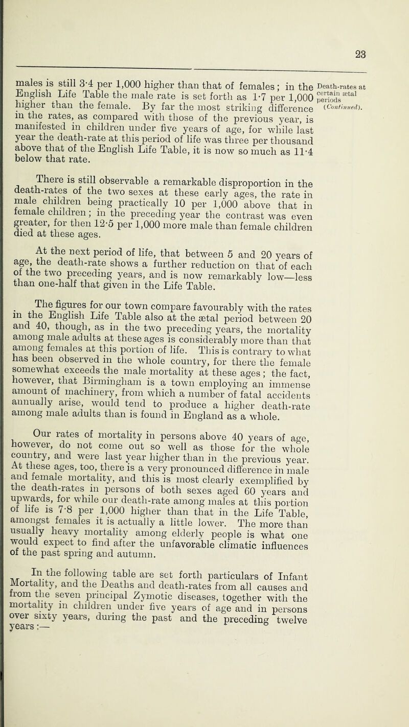 males is still 3-4 per 1,000 higher than that of females ; in the English Life Table the male rate is set forth as 1-7 per 1,000 higher than the female. By far the most striking difference in the rates, as compared with those of the previous year, is manifested in children under five years of age, for while last year the death-rate at this period of life was three per thousand above that of the English Life Table, it is now so much as ll’l below that rate. There is still observable a remarkable disproportion in the death-rates of the two sexes at these early ages, the rate in male children being practically 10 per 1,000 above that in female children; in the preceding year the contrast was even gpater, for then 12-5 per 1,000 more male than female children died at these ages. At the next period of life, that between 5 and 20 years of age, the death-rate shows a further reduction on that of each of the two preceding years, and is now remarkably low—less than one-half that given in the Life Table. ^ The figures for our town compare favourably with the rates Table also at the setal period between 20 and 40, though, as in the two preceding years, the mortality among male adults at these ages is considerably more than that among females at this portion of life. This is contrary to what has been observed in the whole country, for there the female somewhat exceeds the male mortality at these ages; the fact, however, that Birmingham is a town employing an immense amount of machinery, from which a number of fatal accidents annually arise, would tend to produce a higher death-rate among male adults than is found in England as a whole. Our rates of mortality in persons above 40 years of age, however, do not come out so well as those for the whole country, and were last year higher than in the previous year. At these ages, too, there is a very pronounced difference in male and female mortality, and this is most clearly exemplified by the death-rates in persons of both sexes aged 60 years and ^^P^'ards, for while our death-rate among males at this portion of life IS 7-8 per 1,000 higher than that in the Life Table, amongst females it is actually a little lower. The more than usually heayy mortality among elderly people is what one would expect to find after the unfayorable climatic influences of the past spring and autumn. In the following table are set forth particulars of Infant Mortahty, and the Deaths and death-rates from all causes and from the seven principal Zymotic diseases, together with the mortality in children under five years of age and in persons over sixty years, during the past and the preceding twelve years;— Death-rates at certain setal periods (Continued).