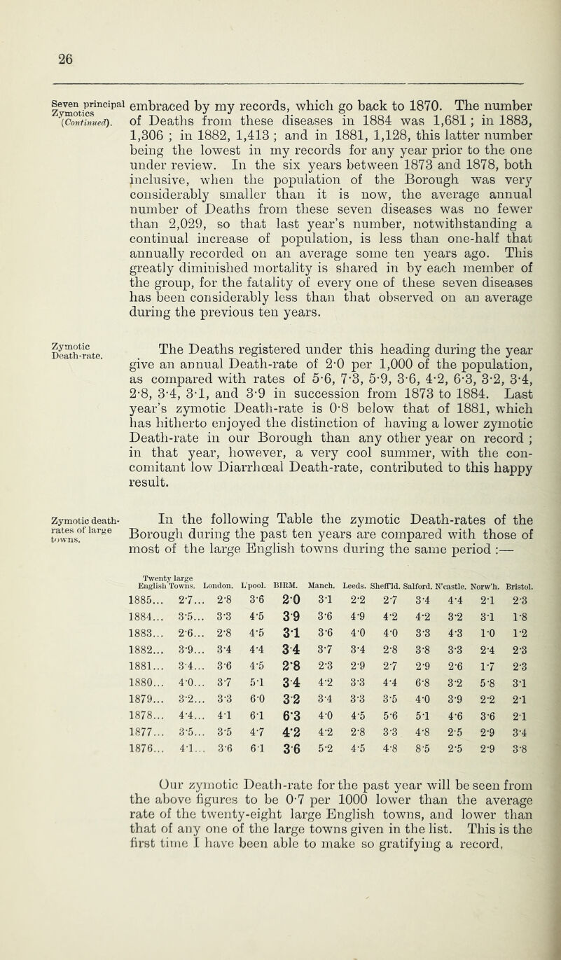 embraced by my records, which go back to 1870. The number '{Continued), of Deaths from these diseases in 1884 was 1,681; in 1883, 1,306 ; in 1882, 1,413 ; and in 1881, 1,128, this latter number being the lowest in my records for any year prior to the one under review. In the six years between 1873 and 1878, both inclusive, when the population of the Borough was very considerably smaller than it is now, the average annual number of Deaths from these seven diseases was no fewer than 2,029, so that last year’s number, notwithstanding a continual increase of population, is less than one-half that annually recorded on an average some ten years ago. This greatly diminished mortality is shared in by each member of the group, for the fatality of every one of these seven diseases has been considerably less than that observed on an average during the previous ten years. DeSh-rate Deaths registered under this heading during the year give an annual Death-rate of 2-0 per 1,000 of the population, as compared with rates of 5*6, IS, 5*9, 3*6, 4*2, 6*3, 3-2, 3*4, 2-8, 3’4, 3T, and 3-9 in succession from 1873 to 1884. Last year’s zymotic Death-rate is 0-8 below that of 1881, which has hitherto enjoyed the distinction of having a lower zymotic Death-rate in our Borough than any other year on record ; in that year, however, a very cool summer, with the con- comitant low Diarrhoeal Death-rate, contributed to this happy result. Zymotic death- In the following Table the zymotic Death-rates of the Borough during the past ten years are compared with those of most of the large English towns during the same period :— Twenty large English Towns. London. L’pool. BIRM. Manch. Leeds. Sheffld. Salford. N’castle. Norw’h. Bristol. 1885... 2-7.. . 2-8 3-6 20 3-1 2-2 2-7 3-4 4-4 2-1 2-3 1884... 3-5.. . 3-3 4-5 39 3-6 4-9 4-2 4-2 3-2 3*1 1-8 1883... 2-6.. . 2-8 4-5 31 3-6 4-0 4-0 3-3 4-3 1-0 1-2 1882... 3-9.. . 3-4 4-4 34 3-7 3-4 2-8 3-8 3-3 2'4 2-3 00 00 3-4.. . 3-6 4-5 2*8 2-3 2-9 2-7 2-9 2-6 1-7 2*3 1880... 4-0.. . 3-7 5-1 34 4-2 3-3 4-4 6-8 3-2 5-8 31 00 3-2.. . 3-3 6-0 32 3-4 3-3 3-5 4-0 3-9 2-2 21 oo !>. 00 t 4-4.. . 4-1 6-1 6*3 4-0 4-5 5-6 5-1 4-6 3-6 21 1877... 3-5.. . 3-5 4-7 4*2 4-2 2-8 3-3 4-8 2-5 2-9 3-4 1876... 4-].. . 3-6 6-1 36 5-2 4-5 4-8 8-5 2-5 2-9 3-8 Our zymotic Death-rate for the past year will be seen from the above figures to be 0-7 per 1000 lower than the average rate of the twenty-eight large English towns, and lower than that of any one of the large towns given in the list. This is the first time 1 have been able to make so gratifying a record,