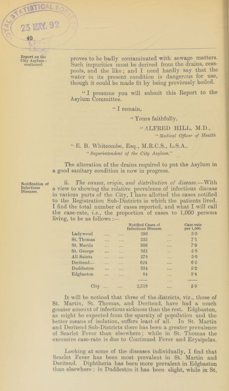 Report on the City Asylum— continued. proves to be badly contaminated with sewage matters. Such impurities must be derived from the drains, cess- pools, and the like ; and I need hardly say that the water in its present condition is dangerous for use, though it could be made fit by being previously boiled. “ I presume you will submit this Keport to the Asylum Committee. “ I remain, “ Yours faithfully, “ALFRED HILL, M.D., '* Medical Officer of Health “ E. B. Whitcombe, Esq., M.R.C.S., L.S.A.. “ Superintendent of the City Asylum. The alteration of the drains required to put the Asylum in a good sanitary condition is now in progress. Notification of Infectious Diseases. ii. The causes, origin, and distribution of disease.—With a view to showing the relative jirevalence of infectious disease in various parts of the City, I have allotted the cases notified to the Registration Sub-Districts in which the patients lived. I find the total number of cases reported, and what I will call the case-rate, i.e., the proportion of cases to 1,000 persons living, to be as follows :— Lady wood Notified Cases of Infectious Di.sease. 296 Case-rate per 1,000. 5-3 St. Thomas 235 7T St. Martin 306 7-9 St. George 361 5-8 All Saints 278 50 Deritend... 624 6-5 Duddeston 334 5-2 Edgba.ston 84 3-4 City ... 2,518 5-9 It will be noticed that three of the districts, viz., those of St. Martin, St. Thomas, and Deritend, have had a much greater amount of infectious sickness than the rest. Edgbaston, as might be expected from the sparsity of population and the better means of isolation, suffers least of all. In St. Martin and Deritend Sub-Districts there has been a greater prevalence of Scarlet Fever than elsewhere; while in St. Thomas the excessive case-rate is due to Continued Fever and Erysipelas. Looking at some of the diseases individually, I find that Scarlet Fever has been most prevalent in St. Martin and Deritend. Diphtheria has been more prevalent in Edgbaston than elsewhere ; in Duddeston it has been slight, while in St,