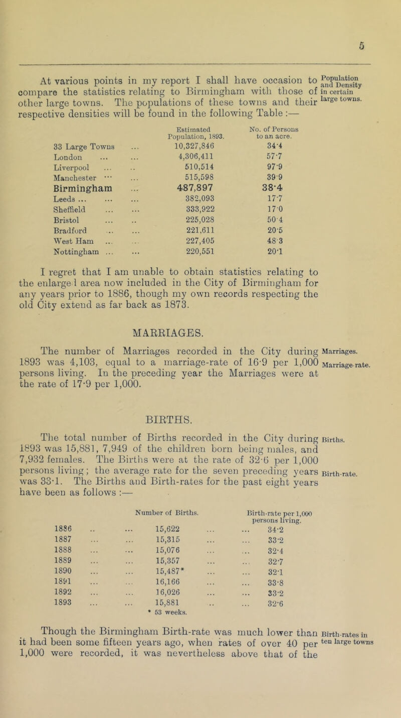 At various points in ray report I shall have occasion to .^Density compare the statistics relating to Birmingham with those of in certain other large towns. The populations of these towns and their large towns‘ respective densities will be found in the following Table :— Estimated No. of Persons Population, 1893. to an acre. 33 Large Towns 10,327,846 34-4 London 4,306,411 577 Liverpool 510,514 97-9 Manchester • 515,598 39 9 Birmingham 487,897 38-4 Leeds ... 382,093 17*7 Sheffield 333,922 170 Bristol 225,028 50 4 Bradford 221,611 20-5 West Ham 227,405 483 Nottingham ... 220,551 20-1 I regret that I am unable to obtain statistics relating to the enlarge 1 area now included in the City of Birmingham for any years prior to 1886, though my own records respecting the old City extend as far back as 1873. MARRIAGES. The number of Marriages recorded in the City during Marriages. 1893 was 4,103, equal to a marriage-rate of 16-9 per 1,000 Marriage rate, persons living. Iu the preceding year the Marriages were at the rate of 17-9 per 1,000. BIRTHS. The total number of Births recorded in the City during Births. 1893 was 15,881, 7,949 of the children born being males, and 7,932 females. The Births were at the rate of 32-6 per 1,000 persons living; the average rate for the seven preceding years Birth-rate, was 33-1. The Births and Birth-rates for the past eight years have been as follows :— Number of Births. Birth-rate per 1, persons living. 1886 15,622 34-2 1887 15,315 332 1888 15,076 32-4 1889 15,357 327 1890 15,487* 32-1 1891 16,166 33-8 1892 16,026 332 1893 15,881 * 53 weeks. 32-6 Though the Birmingham Birth-rate was much lower than Birth-rates in it had been some fifteen years ago, when rates of over 40 per ten lar&e towns 1,000 were recorded, it was nevertheless above that of the