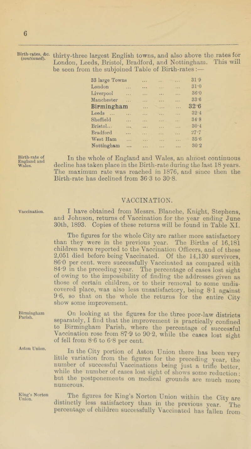 Birth-vates, &c, (continued). Birth-rate of England and Wales. Vaccination. Birmingham Parish. Aston Union. King’s Norton Union. thirty-three largest English towns, and also above the rates for London, Leeds, Bristol, Bradford, and Nottingham. This will be seen from the subjoined Table of Birth-rates :— 33 large Towns ... .. ... 319 London ... ... ... ... 31’0 Liverpool ... ... ... ... 36‘0 Manchester ... ... ... ... 33’6 Birmingham 32’6 Leeds ... ... ... ... ... 32'4 Sheffield 348 Bristol... ... ... ... ... 30’4 Bradford ... ... ... ... 27 ’7 West Ham ... ... ... ... 35'6 Nottingham ... ... ... ... 30'2 In the whole of England and Wales, an almost continuous decline has taken place in the Birth-rate during the last 18 years. The maximum rate was reached in 1876, and since then the Birth-rate has declined from 36 3 to 30’8. VACCINATION. I have obtained from Messrs. Blanche, Knight, Stephens, and Johnson, returns of Vaccination for the year ending June 30th, 1893. Copies of these returns will be found in Table XI. The figures for the whole City are rather more satisfactory than they were in the previous year. The Births of 16,181 children were reported to the Vaccination Officers, and of these 2,051 died before being Vaccinated. Of the 14,130 survivors, 86'0 per cent, were successfully Vaccinated as compared with 84-9 in the preceding year. The percentage of cases lost sight of owing to the impossibility of finding the addresses given as those of certain children, or to their removal to some undis- covered place, was also less unsatisfactory, being 8T against 9’6, so that on the whole the returns for the entire City show some improvement. On looking at the figures for the three poor-law districts separately, 1 find that the improvement is practically confined to Birmingham Parish, where the percentage of successful Vaccination rose from 87’9 to 902, while the cases lost sight of fell from 8-6 to 6’8 per ceut. In the City portion of Aston Union there has been very little variation from the figures for the preceding year, the number of successful Vaccinations being just a trifle better while the number of cases lost sight of shows some reduction': but the postponements on medical grounds are much more numerous. The figures for King’s Norton Union within the City are distinctly less satisfactory than in the previous vcar. The percentage of children successfully Vaccinated has fallen from