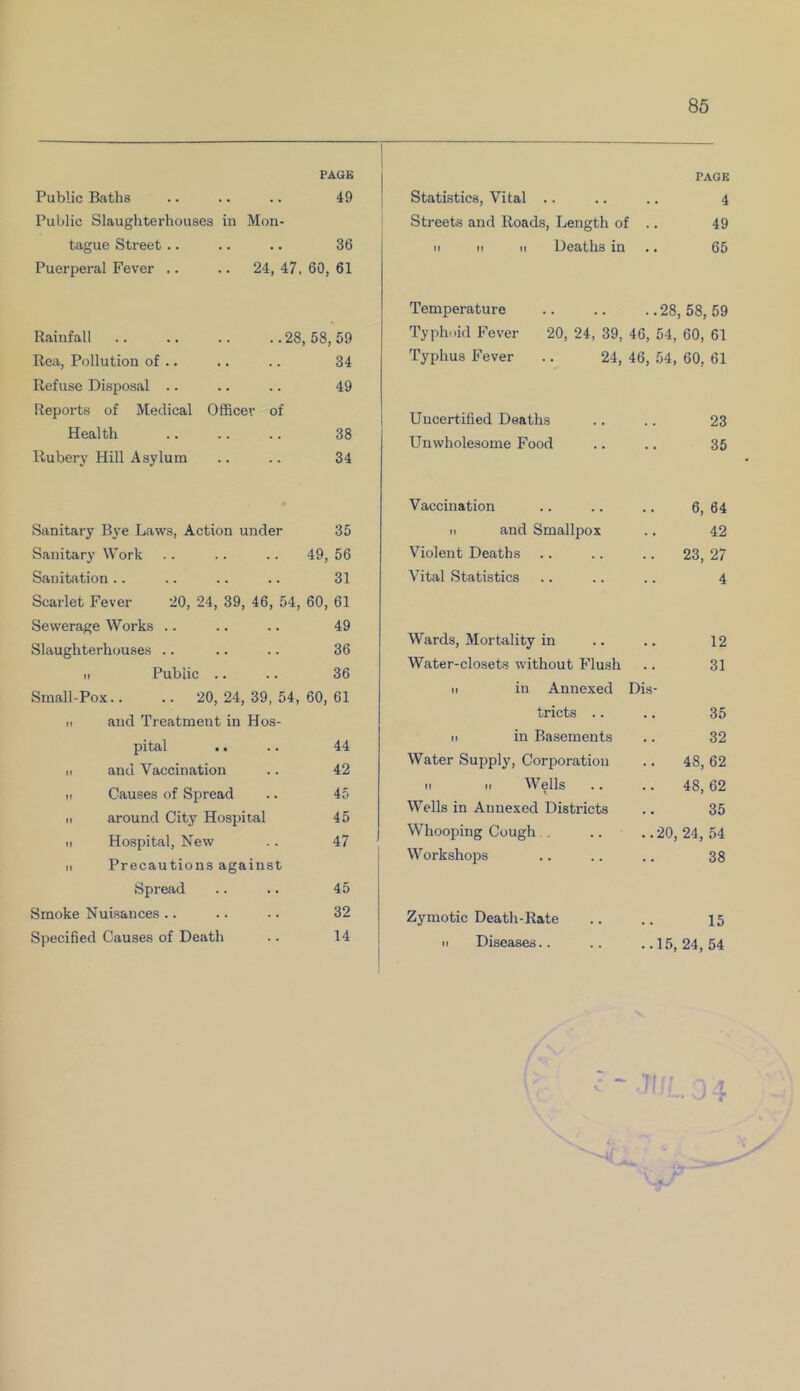 PAGE Public Baths .. .. .. 49 Public Slaughterhouses in Mon- tague Street .. .. .. 36 Puerperal Fever .. .. 24, 47, 60, 61 Rainfall .. .. .. ..28,58,59 Rea, Pollution of .. .. .. 34 Refuse Disposal .. .. .. 49 Reports of Medical Officer of Health .. .. .. 38 Rubery Hill Asylum .. .. 34 Sanitary Bye Laws, Action under 35 Sanitary Work .. .. .. 49, 56 Sanitation.. .. .. .. 31 Scarlet Fever 20, 24, 39, 46, 54, 60, 61 Sewerage Works .. .. .. 49 Slaughterhouses .. .. .. 36 M Public .. .. 36 Small-Pox.. .. 20, 24, 39, 54, 60, 61 ii and Treatment in Hos- pital .. .. 44 n and Vaccination .. 42 ii Causes of Spread .. 45 H around City Hospital 45 ii Hospital, New .. 47 n Precautions against Spread .. .. 45 Smoke Nuisances.. .. •. 32 Specified Causes of Death .. 14 PAGE Statistics, Vital .. .. .. 4 Streets and Roads, Length of .. 49 ii ii ii Deaths in 65 Temperature ..28, 58, 59 Typhoid Fever 20, 24, 39, 46, 54, 60, 61 Typhus Fever .. 24, 46, 54, 60, 61 Uncertified Deaths 23 Unwholesome Food 35 Vaccination 6, 64 n and Smallpox 42 Violent Deaths .. 23, 27 Vital Statistics 4 Wards, Mortality in 12 Water-closets without Flush 31 ii in Annexed Dis- tricts .. 35 ii in Basements 32 Water Supply, Corporation 48, 62 .. Wells 48, 62 Wells in Annexed Districts 35 Whooping Cough . .. .. 20, 24, 54 Workshops 38 Zymotic Death-Rate 15 n Diseases.. .. ..15, 24, 54