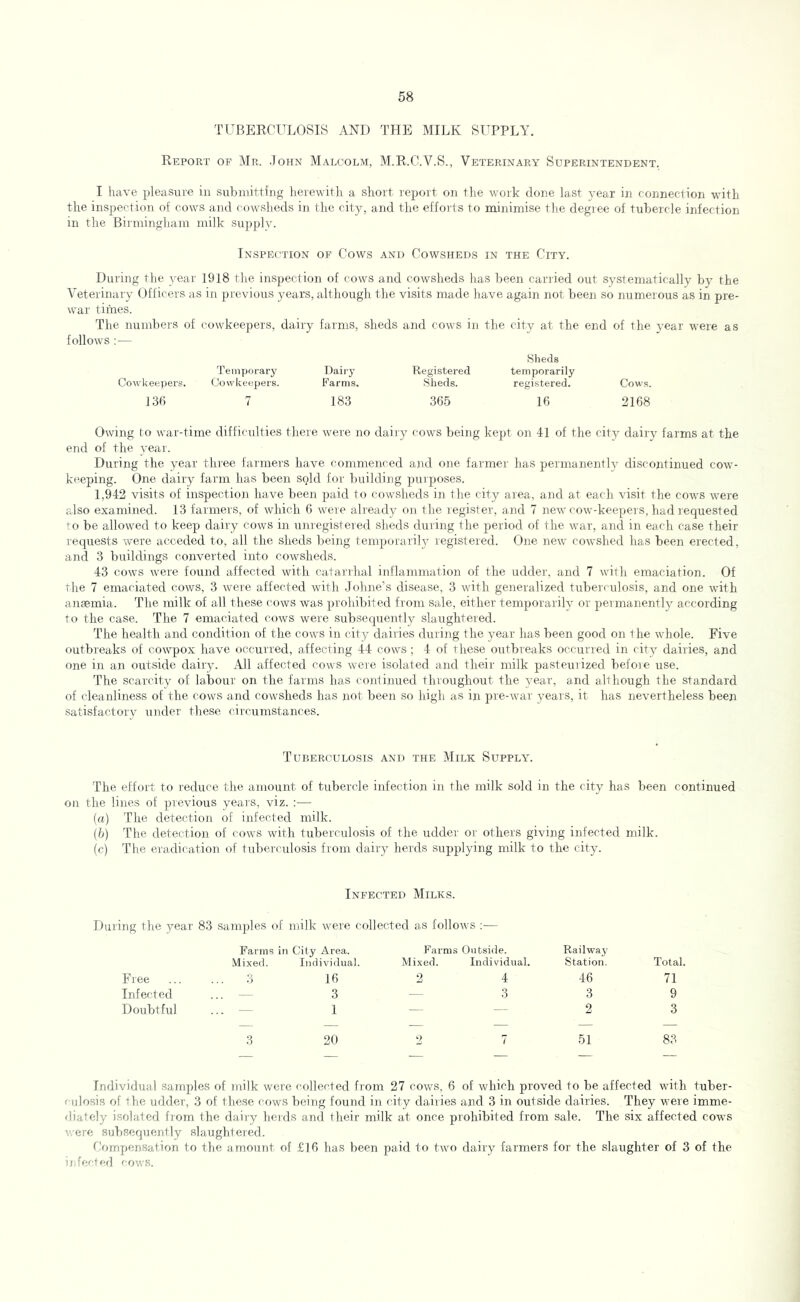 TUBERCULOSIS AND THE MILK SUPPLY. Report of Mr. John Malcolm, M.R.C.V.S., Veterinary Superintendent. I have pleasure in submitting herewith a short report on the work done last year in connection with the inspection of cows and cowsheds in the city, and the efforts to minimise the degree of tubercle infection in the Birmingham milk supply. Inspection of Cows and Cowsheds in the City. During the yeai' 1918 the inspection of cows and cowsheds has been cariied out systematically by the Veterinary Officers as in previous years, although the visits made have again not been so numerous as in pre- war times. The numbers of cowkeepers, dairy farms, sheds and cows in the city at the end of the year were as follows :— Temporary Dairy Registered Sheds temporarily Cowkeepers. Cowkeepers. Farms. Sheds. registered. Cows. 136 7 183 365 16 2168 Owing to war-time difficulties there were no dairy cows being kept on 41 of the city dairy farms at the end of the year. During the year three farmers have commenced and one farmer has permanently discontinued cow- keeping. One dairy farm lias been sold for building purposes. 1,942 visits of inspection have been jiaicl to cowsheds in the city area, and at each visit the cows were also examined. 13 farmers, of which 6 w^ere already on the register, and 7 new cow-keepers, had requested ’■o be allowed to keep dairy cows in unregistered sheds during tlie period of the war, and in each case their requests were acceded to, all the sheds being temporarily registered. One nerv cowshed has been erected, and 3 buildings converted into cowsheds. 43 cows were found affected with catarrhal inflammation of the udder, and 7 with emaciation. Of the 7 emaciated cows, 3 were affected with Johne’s disease, 3 with generalized tuberculosis, and one with amemia. The milk of all these cows was prohibited from sale, either temporarily or permanently according to the case. The 7 emaciated cows were subsequently slaughtered. The health and condition of the cows in city dairies during the year has been good on the whole. Five outbreaks of cowpox have occurred, affecting 44 cows ; 4 of these outbreaks occurred in city dairies, and one in an outside dairy, x4.ll affected cows were isolated and their milk pasteurized befoie use. The scarcity of labour on the farms has continued throughout the year, and although the standard of cleanliness of the cows and cowsheds has not been so high as in pre-war years, it has nevertheless been satisfactory under these circumstances. Tuberculosis and the Milk Supply. The effort to reduce the amount of tubercle infection in the milk sold in the city has been continued on the lines of previous years, viz. :— (a) The detection of infected milk. (b) The detection of cows with tuberculosis of the uddei- or others giving infected milk. (c) The eradication of tuberculosis from dairy herds supplying milk to the city. Infected Milks. During the year 83 sanqiles of milk were collected as follows :— Farms in City Area. Mixed. Individual. Ejee ... ... 3 16 Infected ... — 3 Doubtful ... — 1 3 20 Farms Mixed. Outside. Individual. Railwa}' Station. Total. 2 4 46 71 — 3 3 9 — -- 2 3 — — — — 2 7 51 83 Individual samples of milk were collected from 27 cows, 6 of which proved to be affected with tuber- culosis of the uddei-, 3 of these cows being found in city dairies and 3 in outside dairies. They were imme- diately isolated from the dairy herds and their milk at once prohibited from sale. The six affected cows were subsequently slaughtered. Compensation to the amount of £16 has been paid to two dairy farmers for the slaughter of 3 of the infected cows.