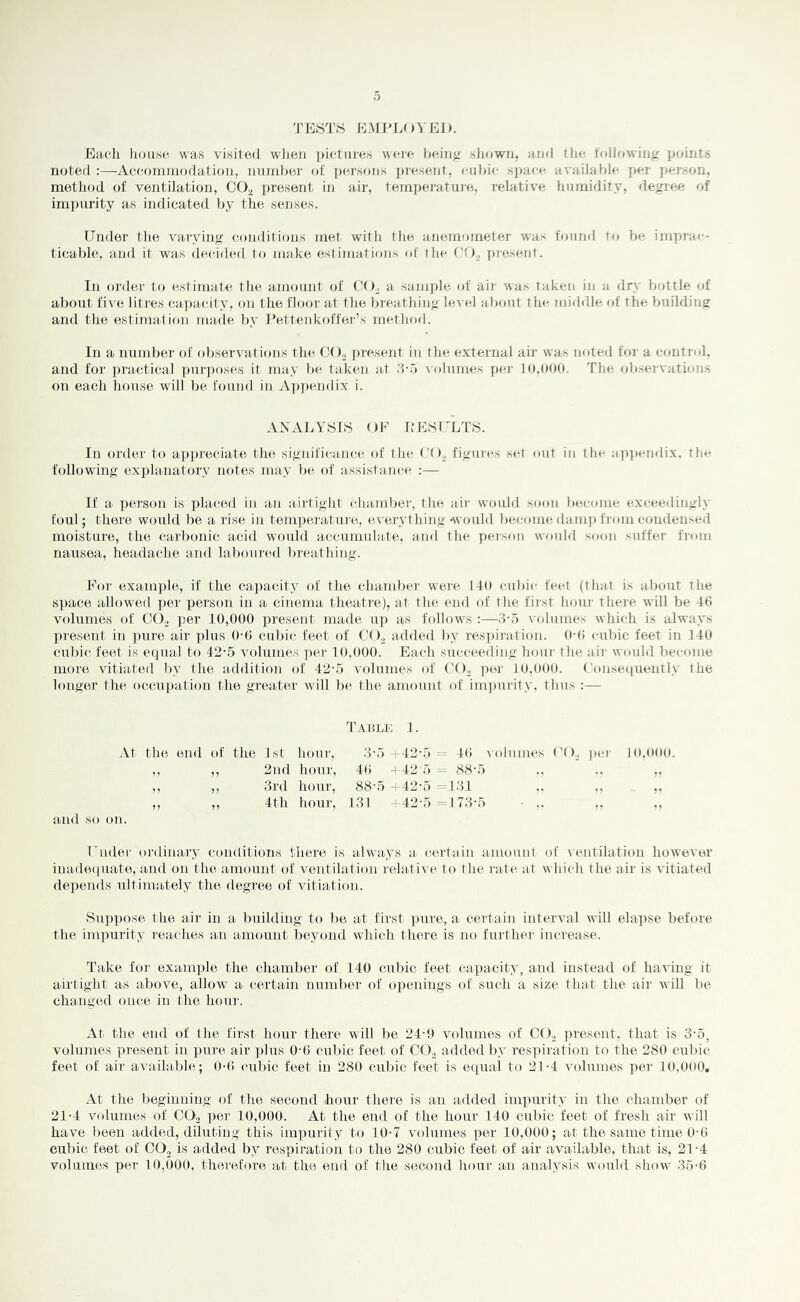 o TE8T« EMiM.OVEI). Eacli lioii.se. v\'aN visited wiieu pictures weie Ijeiri^*- sJiown, and the following points noted :—Aeeorninodation, number of persons pi-esent, ciiiiic space available per person, method of ventilation, CO^ present in air, temperature, relative humidity, degree of impurity as indicated by the senses. Under tire varying conditions met with the anemometer was found to be imprac- ticable, and it was decided to make estimations of the C'O., present. In order to estimate the amount of C'O^ a sample of air was taken in a dry bottle of about five liti-es ca])acity, on the floor at the breathing le’r el about the middle of the building and the estimation made by Pettenkoffer’s method. In a number of observatioirs the CO, present in the external air was noted for a control, and for practical xmrposes it may be taken at :i-5 \-o1nmes per lO.dOO. The observations on each house will be found in A])])endix i. AAxU;Y8bS OF h’ESULTS. In order t(r appreciate the significance of the CO, figures set out in the ap]»endix. tln^ following explanatory notes may be of assistance :— If a person is placed in an aii'tight c.lramber, the air would soon become exceedingly foul; there would be a rise in tempcj-atui e, everything -would become damjj from condensed moisture, the carbonic acid would accumulate, and the person would soon suffer from nausea, headache and laboured breathing. Fo]‘ example, if the capacity of the chambei- were 14() cubic feet (that is about the space allowed j^er person in a cinema theatre), at the end of tlie first luuir there will be 46 volumes of CO, per 10,000 present made up as follows :—o-o volumes which is always present in pure air plus 0-6 cul)ic feet of CO.^ added by res])iration. OOi cubic feet in 140 cubic feet is equal to 42-5 volumes per 10,000. Each succeeding liour the aii' wcudd become more vitiated by the addition of 42-.5 volumes of CO, pei- lo.ooo. ('onsecpiently the longer the occupation the gi’eater will be the amount of impurity, thus :— Tahlk 1. At the end of the 1st hour, .'h.l-t-42-5 = 4(i xolumes C( b i»er 10.000. ,, ,, 2nd hour, 4t) -i-42 .5 = „ „ 3rd hour, 88-5 4 42-5 -131 „ „ 4th hour, 131 -' 42-5 =173-5 • .. and so on. Under oi-dinary conditions there is always a> certain amount of veidilation however iuade(|uate, and on the amount of ventilation relative to tlie i'at(‘ at which the air is vitiated depends ultimately the degree of vitiation. Suppose, tlie air in a building to be at first ])ure, a certain interval will elapse before the impurity I'eaches an amount beyond which there is no further increase. Take for example the chamber of 140 cnl)ic feet capacity, and instead of having it airtight as above, allow a certain number of o])enings of such a size tliat the air will be changed once in the hour. At the end of the first hour there will be 24-0 volumes of CO., present, that is 3-5, volumes present in pure, air plus 0-6 cubic feet of CO, added by respiration to the 280 cubic feet of air available; 0-6 cubic feet in 280 cubic feet is e.(iua.i to 21-4 volumes per 10.000, At the l)egiuuing of the second hour there is an added ini])urity in the chamber of 21-4 volumes of CO, per 10,000. At the end of the hoiir 140 cubic feet of fresh air will have been added, diluting this impurity to 10-7 volumes per 10,000; at the same time 0-6 cubic feet of CO, is added by respiration to the 280 cubic feet of air available, that is, 21-4 volumes per 10,000, therefore at the end of the second hour an analysis would show 35-6