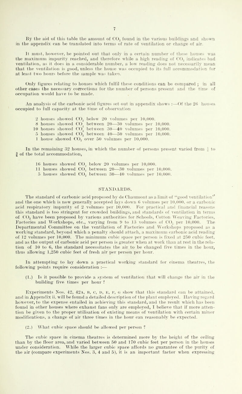 By the aid of this table the arnouut of COo found in the various buildings and shown in the ajipendix can be translated into terms <jf. rate of ventilation or change of air. It ujust, however, be pointed out that only in a certain numbei- of these house.- was the maximum impurity reached, and therefore while a high reading of t'O., indicate.- bad ventilation, as it does in a considerable number, a low reading does not necessarily mean that the ventilation is good, unless the house was occupied to its full accommodation for at least two hours before, the sample was taken. (July figures relating to houses which fulfil these conditions can be compared ; in all other cases the necessary corrections for the number of persons present and the. time of occupation would ha^'c to be made. An analysis of the carbonic acid figures set out in ai>pendix shows :—Of the 2() hou-es occupied to full capacity at the time of observation 2 houses showed COg below 20 volumes per 10,000. 8 houses showed CO,^ between 20—.30 volumes per 10,000. 10 houses showed CO,^ between 30—40 v(dumes pei' 10,000. 5 houses showed COj between 40—50 volumes per 10.000. I house showed CO, over 50 volumes per 10,000. In the remaining 32 houses, in which the number of persons i)resent varied from j to I of the total accommodation, 10 houses showed CO^ below 20 volumes pei' 10,000. II houses showed CO,, between 20—30 volumes ])er 10.000. 5 houses showed CO, between 30—40 volumes ])cr lO.OOti. STANDARDS. The standard of carbonic acid x>roposed by de Chauniout as a limit of “good ventilation’’ and the one which is now generally acce])ted lays down 0 volumes x)er lo.uoo. nr a carbonic acid respiratory imjjurity of 2 volumes ])er 10,000. For ])ractical and financial reasons this standard is too stringent for erowaled buildings, and standards of ventilation in terms of CO2 have been itroposed by various authorities foi- Schools, ('ottoii Weaving Factories. Factories and Workshops, etc., varying from 0 to 13 volumes of C(b x)er 10.000. The Departmental Committee on the ventilation of Factories and A\ ()rksho])s ])roposed as a working standard, beyond which a penalty should attach, a maximum carbonic acid reading of 12 volumes per 10,000. The minimum cubic s])ace ])er ])ersou is fixed at 250 cubic feet, and as the output of carbonic acid pei' |)e.rson is greater when at work than at rest in the rela- tion of 10 to 6, the standard necessitates the air to be changed five times in the hour, thus allowing 1,250 cubic feet of fresh air xter x^erson x'a'i' hour. In attempting to lay down a pi’iHitical Avorking standard for cinema theatres, the following itoints require consideration :— (1.) Is it possible to provide a. system of A^entilatiou that will change the air in the building fix^e times per hour '? Exxteriments Nos. 42, 42a, b, c, n, e, f, (i show that this standard can be attained, and ill Apxtendix ii. will be found a detailed description of the x^lant employed. llaA ing regard however, to the exxtense entailed in achieving this staiiidard, and the result which has been found in other houses where exhaust fans only are emxiloyed, I belieA’e that if more atten- tion be giA’^en to the proper utilisation of existing means of Aumtilation Avith certain minor modifications, a change of air three times in the hour can reasonably be exxiected. (2.) What cubic space should be alloAAUul per xierson ? The cubic space in ciiiema theatres is determined more by the height of the ceiling than by the floor area, and varied between 50 and 170 cubic feet per person in the houses under consideration, \\4iile the larger cubic space affords no guarantee of the xiiirity of the air (compare experiments Nos. 3, 4 and 5), it is an important factor when exx>ressing