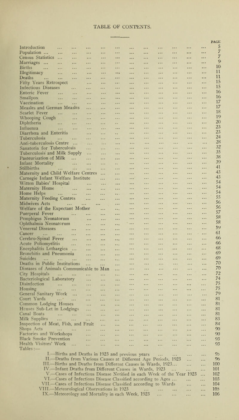 TABLE OF CONTENTS. Introduction Population ... Census Statistics Marriages ... Births Illegitimacy Deaths Fifty Years Retrospect Infectious Diseases Enteric Fever Smallpox Vaccination Measles and German Measles Scarlet Fever Whooping Cough Diphtheria Influenza Diarrhoea and Enteritis Tuberculosis .\nti-tuberculosis Centre Sanatoria for Tuberculosis Tuberculosis and Milk Supply Pasteurization of Milk Infant ^Mortality Stillbirths Maternity and Child Welfare Centres Carnegie Infant Welfare Institute Witton Babies’ Hospital Maternity Home Home Helps Maternity Feeding Centres Midwives Acts WElfare of the Expectant Mother Puerperal Fever Pemphigus Neonatorum Ophthalmia Neonatorum Venereal Diseases Cancer Cerebro-Spinal Fever Acute Poliomyelitis Encephalitis Lethargica ... Bronchitis and Pneumonia Suicides Deaths in Public Institutions Diseases of Animals Communicable to Man City Hospitals Bacteriological Laboratory Disinfection Housing General Sanitary Work Court Yards ... * Common Lodging Houses Houses Sub-Let in Lodgings Canal Boats Milk Supplies Inspection of Meat, Fish, and Fruit Shops Acts Factories and Workshops Black Smoke Prevention Health Visitors’ Work Tables:— 1.—Births and Deaths in 1923 and previous years n.—Deaths from Various Causes at Different Age Periods, 1923 ni.—Births and Deaths from Different Causes in Wards, 1923... IV.—Infant Deaths from Different Causes in Wards, 1923 —Cases of Infectious Disease Notified in each Week of the Year VI.—Cases of Infectious Disease Classified according to Ages ... \TI.—Cases of Infectious Disease Classified according to Wards \TIT.—Meteorological Observ'ations in 1923 IX.—Meteorology and Mortality in each Week, 1923 923 PAGE 5 7 7 9 10 11 11 IS 15 16 16 17 17 18 19’ 20 23 23 24 28 32 35 38 39- 41 43 43 54 54 54 55 56 56 57 58 58 SO’ 61 66 66 68 69 69 70 70 72 74 75 75 79 81 8t 81 81 83 84 90 90 93 93 9 b 96 100 101 102 103 104 105 106