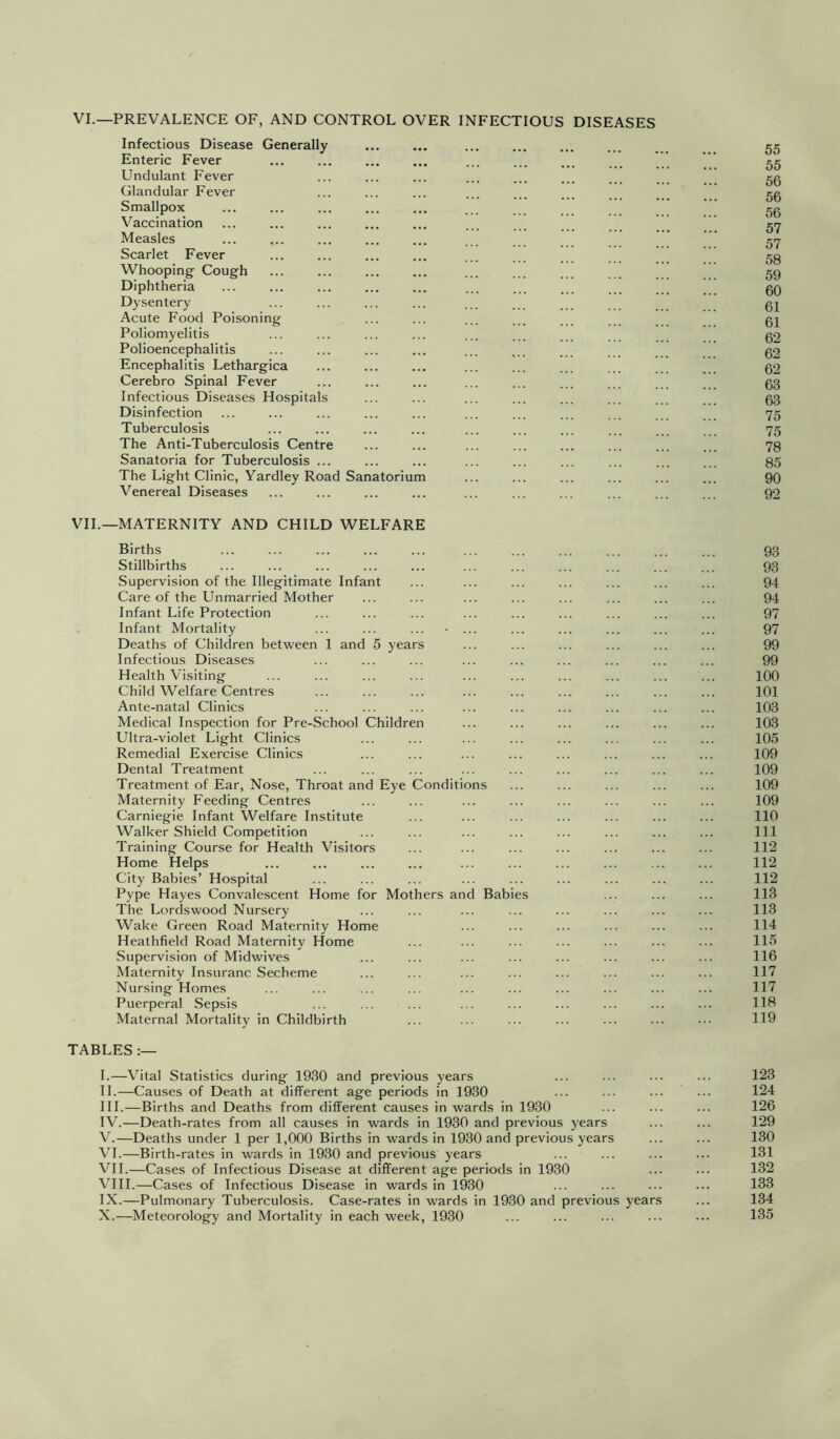 VI.—PREVALENCE OF, AND CONTROL OVER INFECTIOUS DISEASES Infectious Disease Generally Enteric Fever Undulant Fever Glandular Fever Smallpox Vaccination Measles Scarlet Fever Whooping- Cough Diphtheria Dysentery Acute Food Poisoning Poliomyelitis Polioencephalitis Encephalitis Lethargica Cerebro Spinal Fever Infectious Diseases Hospitals Disinfection Tuberculosis The Anti-Tuberculosis Centre Sanatoria for Tuberculosis ... The Light Clinic, Yardley Road Sanatorium Venereal Diseases VIL—MATERNITY AND CHILD WELFARE Births Stillbirths Supervision of the Illegitimate Infant Care of the Unmarried Mother Infant Life Protection Infant Mortality Deaths of Children between 1 and 5 years Infectious Diseases Health Visiting Child Welfare Centres Ante-natal Clinics Medical Inspection for Pre-School Children Ultra-violet Light Clinics Remedial Exercise Clinics Dental Treatment Treatment of Ear, Nose, Throat and Eye Condition Maternity Feeding Centres Carniegie Infant Welfare Institute Walker Shield Competition Training Course for Health Visitors Home Helps City Babies’ Hospital Pype Hayes Convalescent Home for Mothers and Bab The Lordswood Nursery Wake Green Road Maternity Home Heathfield Road Maternity Home Supervision of Midwives Maternity Insuranc Secheme Nursing Homes Puerperal Sepsis Maternal Mortality in Childbirth TABLES I. —Vital Statistics during 1930 and previous years II. —Causes of Death at different age periods in 1930 HI.—Births and Deaths from different causes in wards in 1930 IV. —Death-rates from all causes in wards in 1930 and previous years V. —Deaths under 1 per 1,000 Births in wards in 1930 and previous years VI. —Birth-rates in wards in 1930 and previous years VH.—Cases of Infectious Disease at different age periods in 1930 VHI.—Cases of Infectious Disease in wards in 1930 IX. —Pulmonary Tuberculosis. Case-rates in wards in 1930 and previous years X. —Meteorology and Mortality in each week, 1930 55 55 56 56 56 57 57 58 59 60 61 61 62 62 62 63 63 75 75 78 85 90 92 93 93 94 94 97 97 99 99 100 101 103 103 105 109 109 109 109 110 111 112 112 112 113 113 114 115 116 117 117 118 119 123 124 126 129 130 131 132 133 134 135