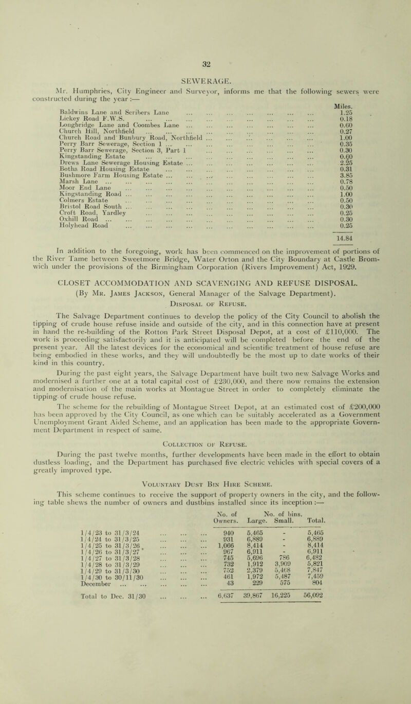 SEWERAGE. Mr. Humphries, City Engineer and Surveyor, informs me that the following sewers were constructed during the year :— Miles. Baldwins Lane and Scrihers Lane ... ... ... ... ... ... ... 1.25 Lickey Road F.W.S. ... ... ... ... ... 0.18 ]x)ngbridge Lane and Coombes Lane ... ... ... ... ... ... ... 0.60 Church Hill, Northfield ... ... ... ... ... ... ... ... ... 0.27 Church Road and Bun bury Road, Northfield .'. ... ... ... 1.00 Berry Barr Sewerage, Section 1 ... ... ... ... ... ... ... ... 0.35 Perry Barr Sewerage, Section 3, Part 1 ... ... ... 0.30 Kingstanding Estate ... ... ... ... ... ... 0.§0 Drews Lane Sewerage Housing Estate ... ... ... ... ... ... ... 2.25 Botha Road Housing Estate ... ... ... ... ... ... ... ... 0.31 Bushmore Farm Housing Estate ... ... .... ... ... ... ... ... 3.85 Marsh Lane ... ... ... ... ... ... ... ... ... ... ... 0.78 Moor End Lane ... ... ... ... ... ... ... ... ... ... 0.50 Kingstanding Road 1.00 Colmers Estate ... ... ... ... ... ... ... ... ... ... 0.50 Bristol Road South ... ... ... ... ... ... ... ... 0.30 Croft Road, Yardley ... ... ... ... ... ... ... ... ... 0.25 Oxhill Road ... ... ... ... ... ... ... ... ... 0.30 Holyhead Road ... ... ... ... ... ... ... ... 0.25 14.84 In addition to the foregoing, work has been commenced on the improvement of portions of the River Tame between Sweetmore Bridge, Water Orton and the City Boundary at Castle Brom- wich under the provisions of the Birmingham Corporation (Rivers Improvement) Act, 1929. CLOSET ACCOMMODATION AND SCAVENGING AND REFUSE DISPOSAL. (By Mr. James Jackson, General Manager of the Salvage Department). Disposal op Refuse. The Salvage Department continues to develop the policy of the City Council to abolish the tipping of crude house refuse inside and outside of the city, and in this connection have at present in hand the re-building of the Rotton Park Street Disposal Depot, at a cost of £110,000. The work is proceeding satisfactorily and it is anticipated will be completed before the end of the present }ear. All the latest devices for the economical and scientific treatment of house refuse are being embodied in these works, and they will undoubtedly be the most up to date works of their kind in this country. During the past eight years, the Salvage Department have built two new Salvage Works and modernised a further one at a total capital cost of £230,000, and there now remains the extension and modernisation of the main works at Montague Street in order to completely eliminate the tipping of crude house refuse. The scheme for the rebuilding of Montague Street Depot, at an estimated cost of £200,000 has been approved by the City Council, as one which can be suitably accelerated as a Government Unemployment Grant Aided Scheme, and an application has been made to the appropriate Govern- ment Department in respect of same. Collection of Refuse. During the past twelve months, further developments have been made in the effort to obtain dustless loading, and the Department has purchased five electric vehicles with special covers of a greatly improved type. Voluntary Dust Bin Hire Scheme. This scheme continues to receive the support of property owners in the city, and the folloW' ing table shews the number of owners and dustbins installed since its inception :— 1/4/23 to 31/3/24 1/4/24 to 31/3/25 1/4/25 to 31/3/26 1/4/26 to 31/3/27 * 1/4/27 to 31/3/28 1/4/28 to 31/3/29 1/4/29 to 31/3/30 1/4/30 to 30/11/30 December Total to Dec. 31/30 No. of No. of bins. Owmers. Large. Small. Total. 940 5,465 5,465 931 6,889 - 6,889 1,066 8,414 - 8,414 967 6,911 - 6,911 745 5,696 786 6,482 732 1,912 3,909 5,821 752 2,379 5,468 7,847 461 1,972 5,487 7,459 43 229 575 804 6,637 39,867 16,225 56,092